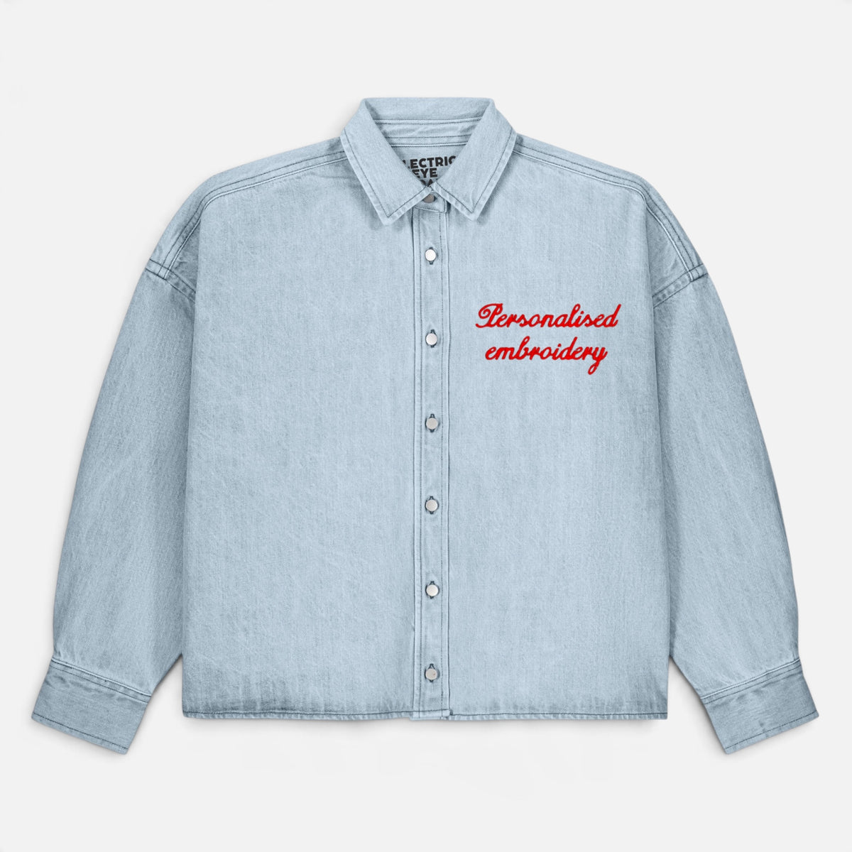 NEW Women's Personalised Left Chest Embroidered Oversized Women's Denim Overshirt  - choose your own words, font, thread colour