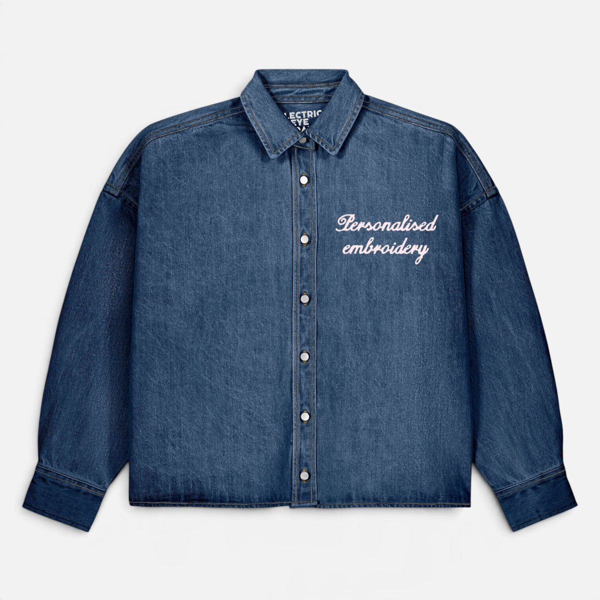 NEW Women's Personalised Left Chest Embroidered Oversized Women's Denim 'Ember' Overshirt  - choose your own words, font, thread colour