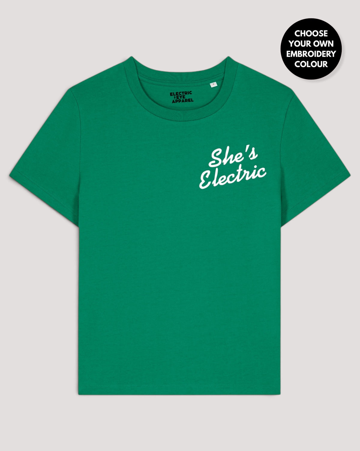 Women's 'SHE'S ELECTRIC' left chest embroidered premium organic medium fit 'Muser' t-shirt