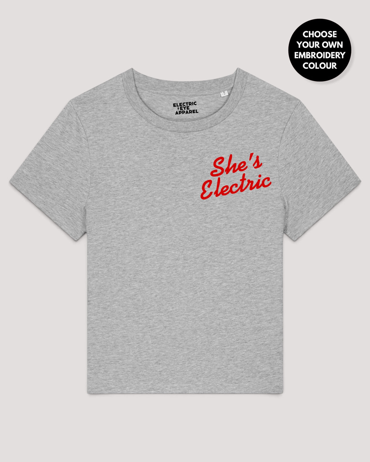 Women's 'SHE'S ELECTRIC' left chest embroidered premium organic medium fit 'Muser' t-shirt