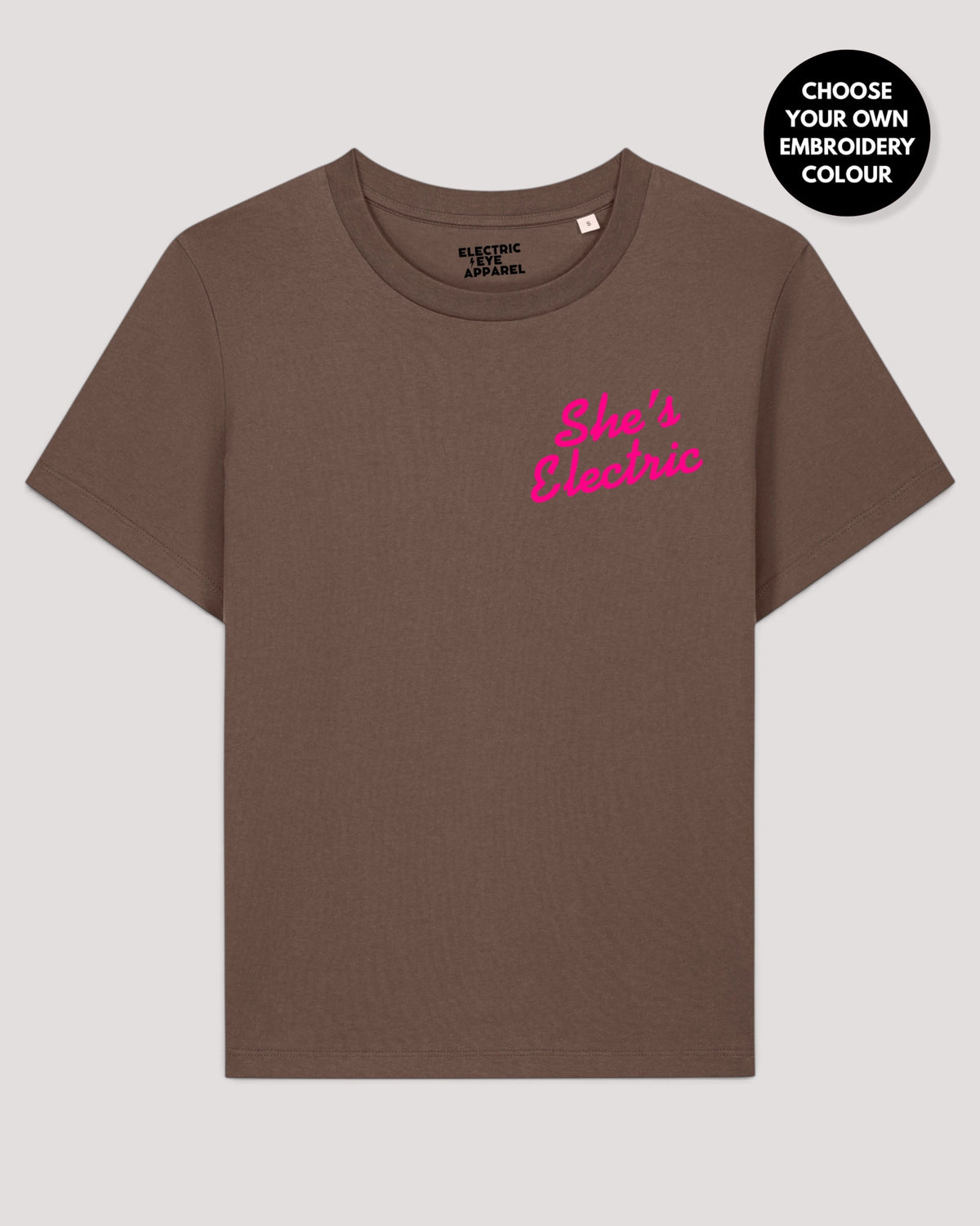 Women's 'SHE'S ELECTRIC' left chest embroidered premium organic medium fit 'Muser' t-shirt