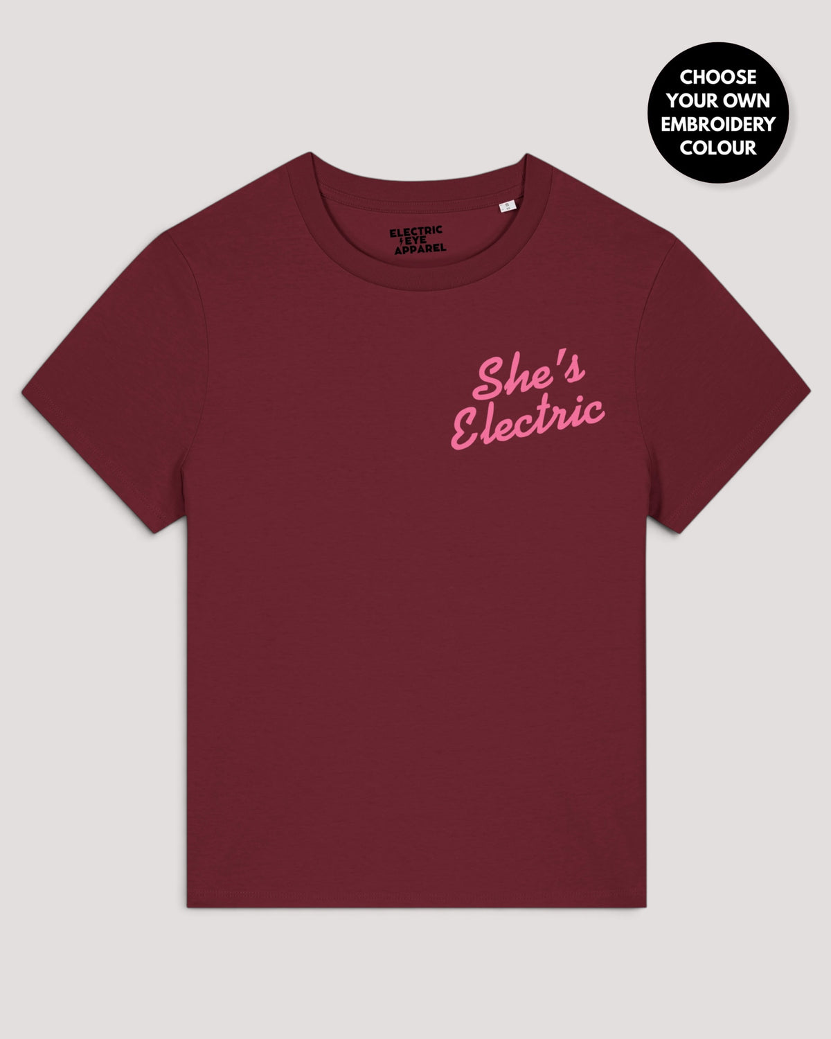 Women's 'SHE'S ELECTRIC' left chest embroidered premium organic medium fit 'Muser' t-shirt