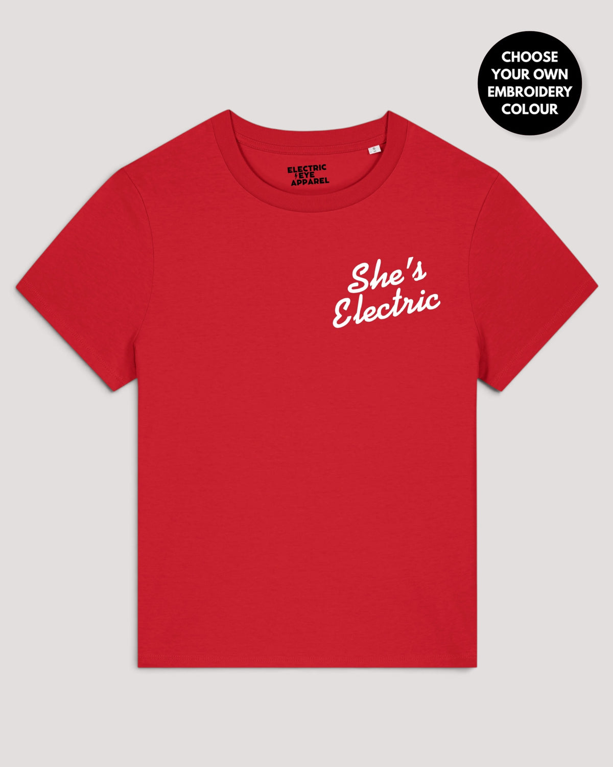 Women's 'SHE'S ELECTRIC' left chest embroidered premium organic medium fit 'Muser' t-shirt
