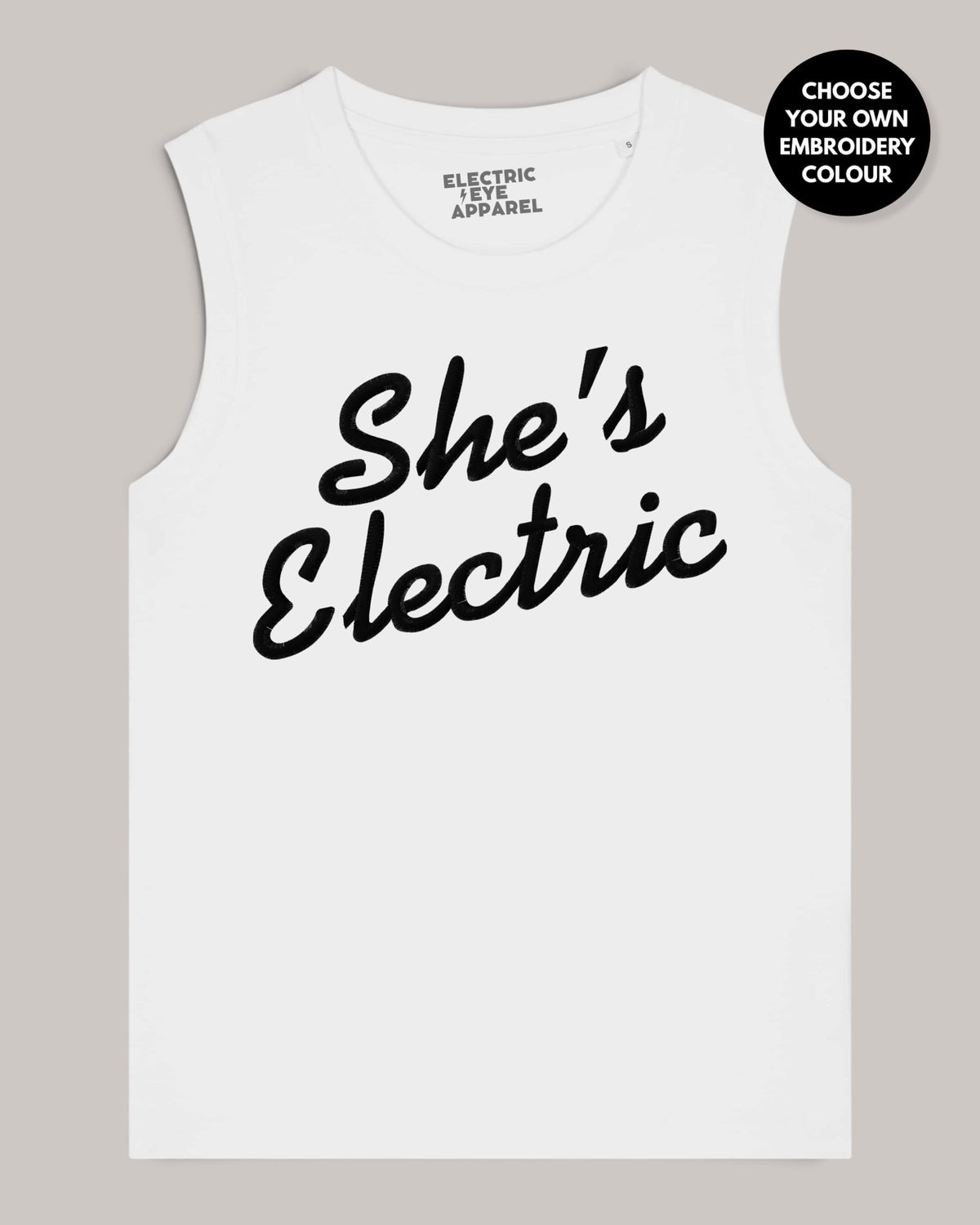 Women's 'SHE'S ELECTRIC' embroidered women's organic cotton 'Mia' tank top