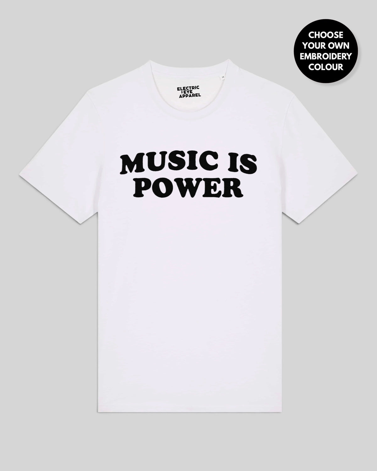 Men's 'MUSIC IS POWER' embroidered premium organic iconic classic crew neck 'Rocker' t-shirt