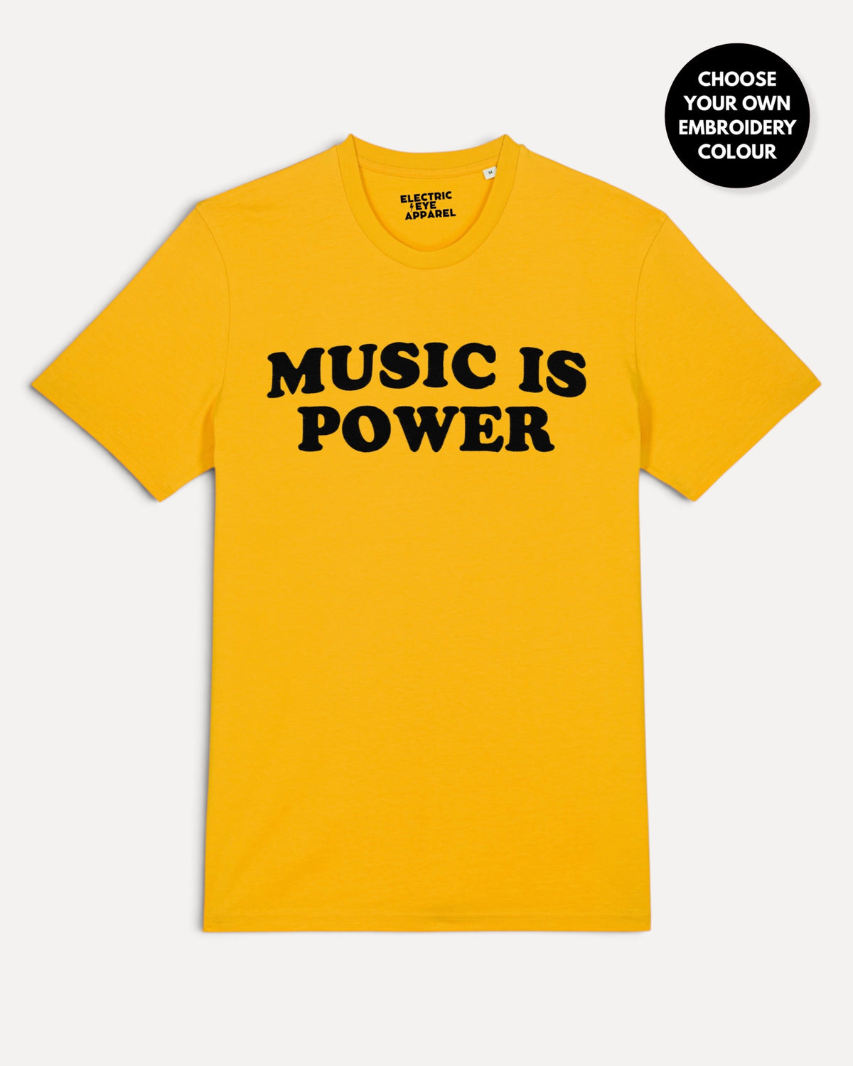Men's 'MUSIC IS POWER' embroidered premium organic iconic classic crew neck 'Rocker' t-shirt