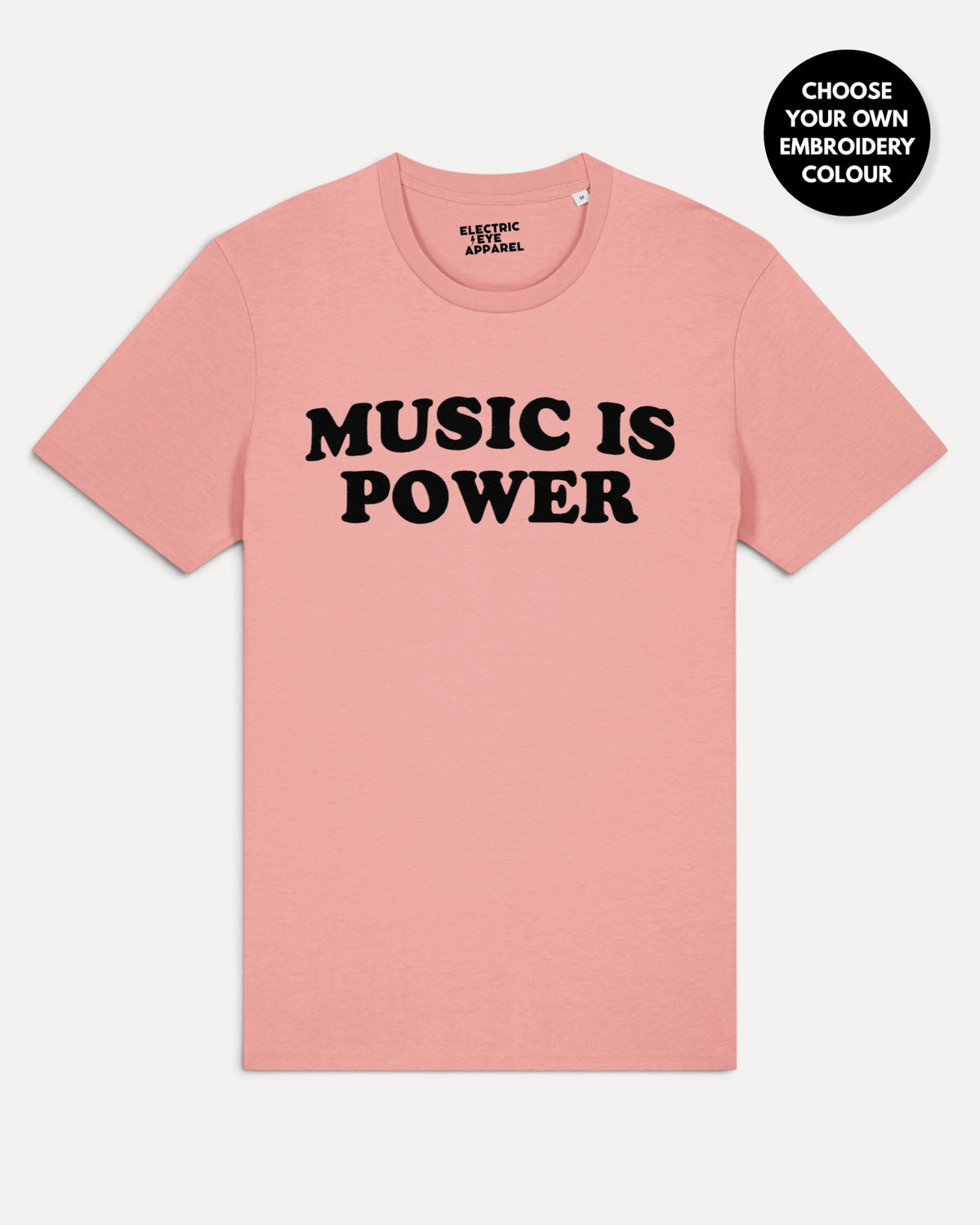 Men's 'MUSIC IS POWER' embroidered premium organic iconic classic crew neck 'Rocker' t-shirt