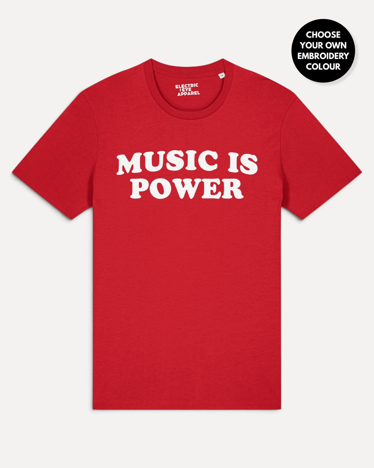 Men's 'MUSIC IS POWER' embroidered premium organic iconic classic crew neck 'Rocker' t-shirt