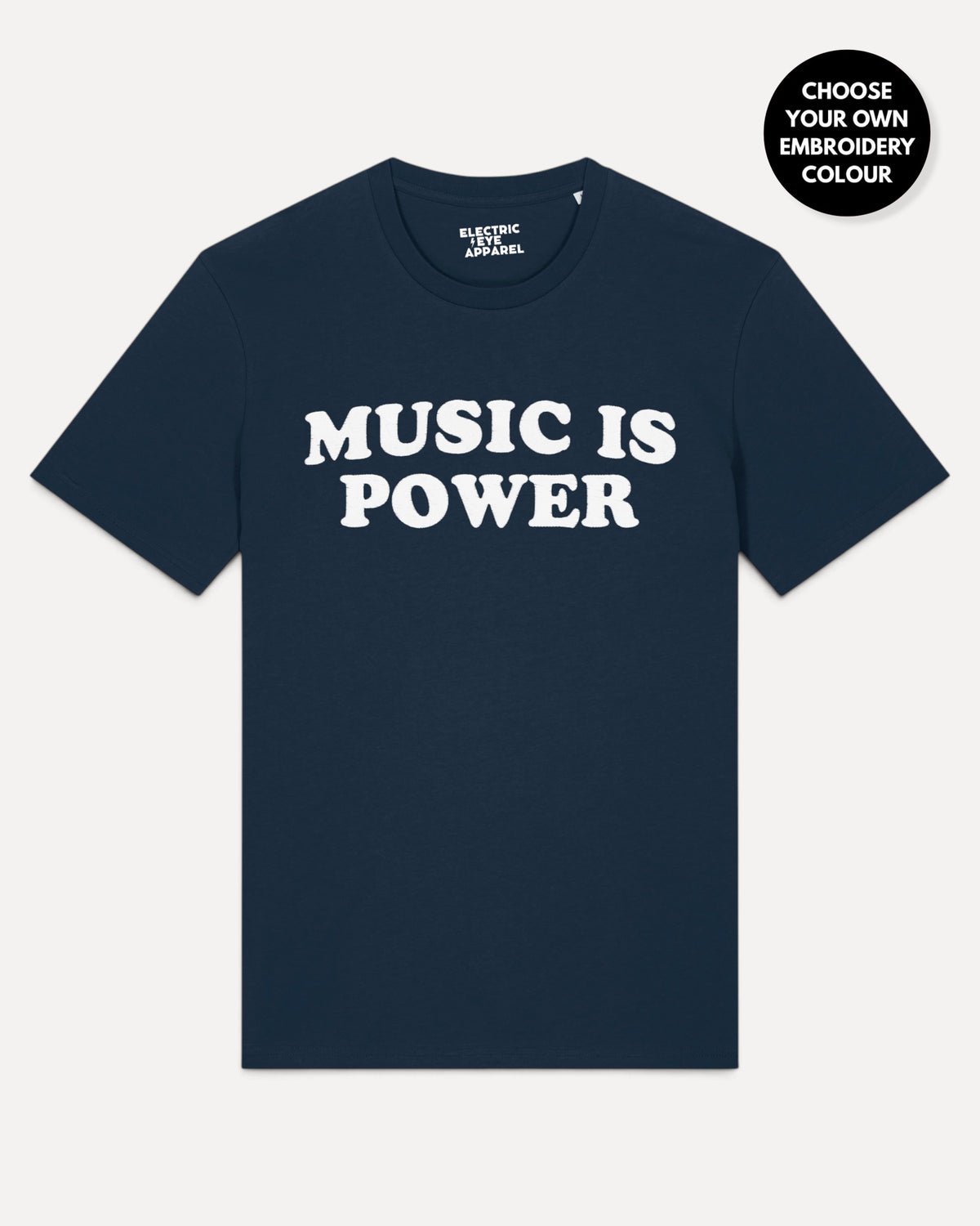 Men's 'MUSIC IS POWER' embroidered premium organic iconic classic crew neck 'Rocker' t-shirt