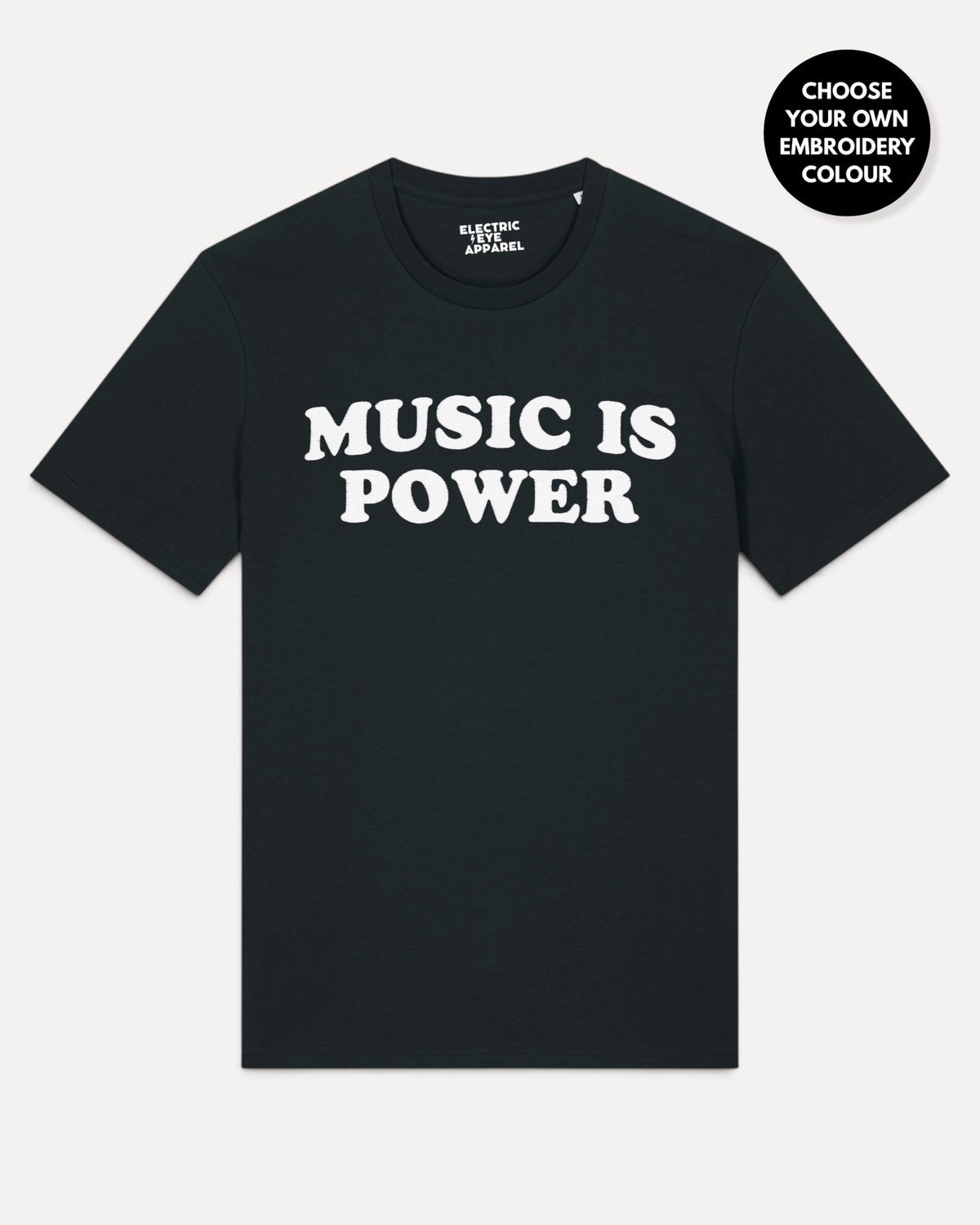 Men's 'MUSIC IS POWER' embroidered premium organic iconic classic crew neck 'Rocker' t-shirt