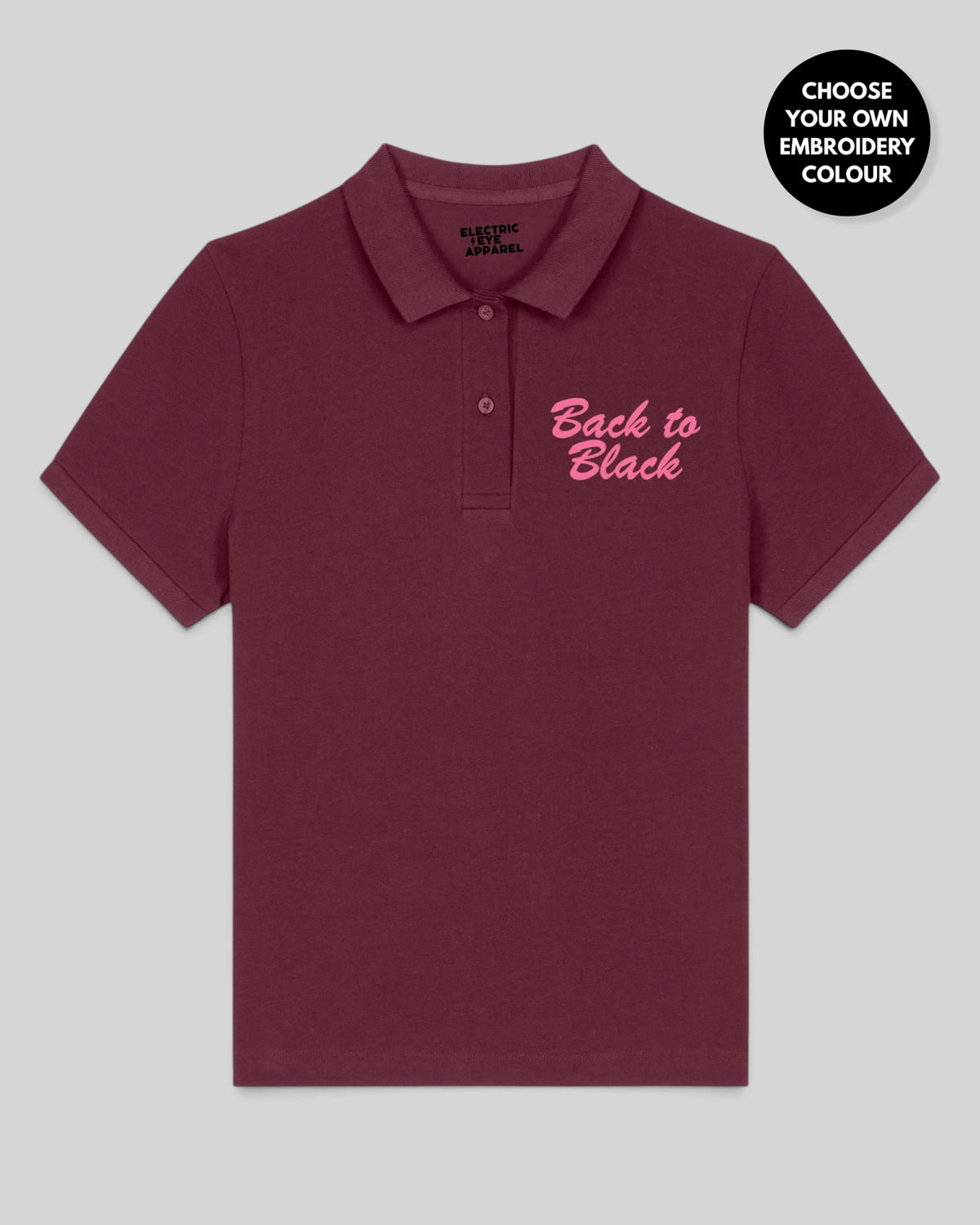 Women's 'BACK TO BLACK' Left Chest Embroidered premium organic women's 'Coaster' polo shirt