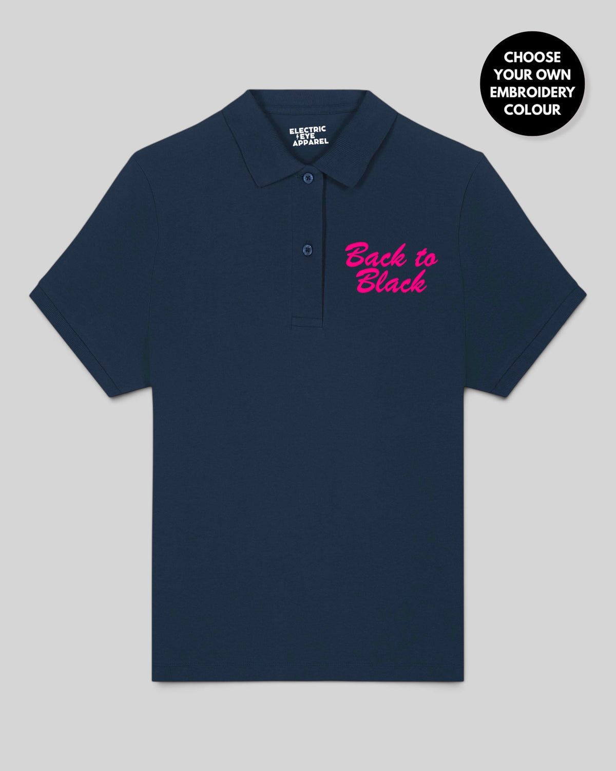 Women's 'BACK TO BLACK' Left Chest Embroidered premium organic women's 'Coaster' polo shirt