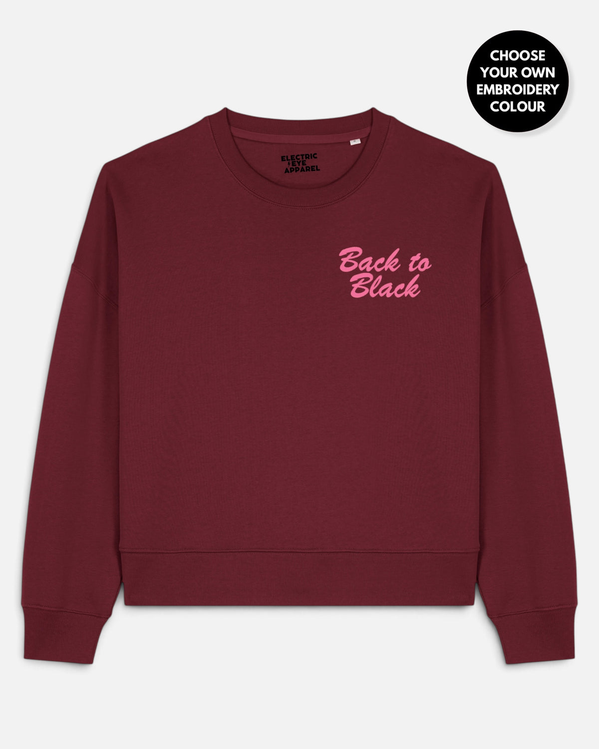 Women's 'BACK TO BLACK' left chest embroidered premium organic women's drop shoulder 'Alma' sweatshirt