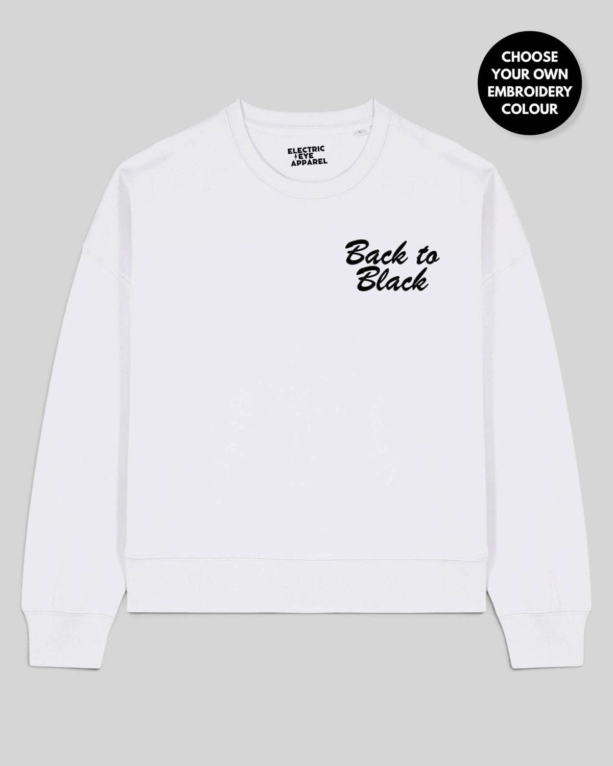 Women's 'BACK TO BLACK' left chest embroidered premium organic women's drop shoulder 'Alma' sweatshirt