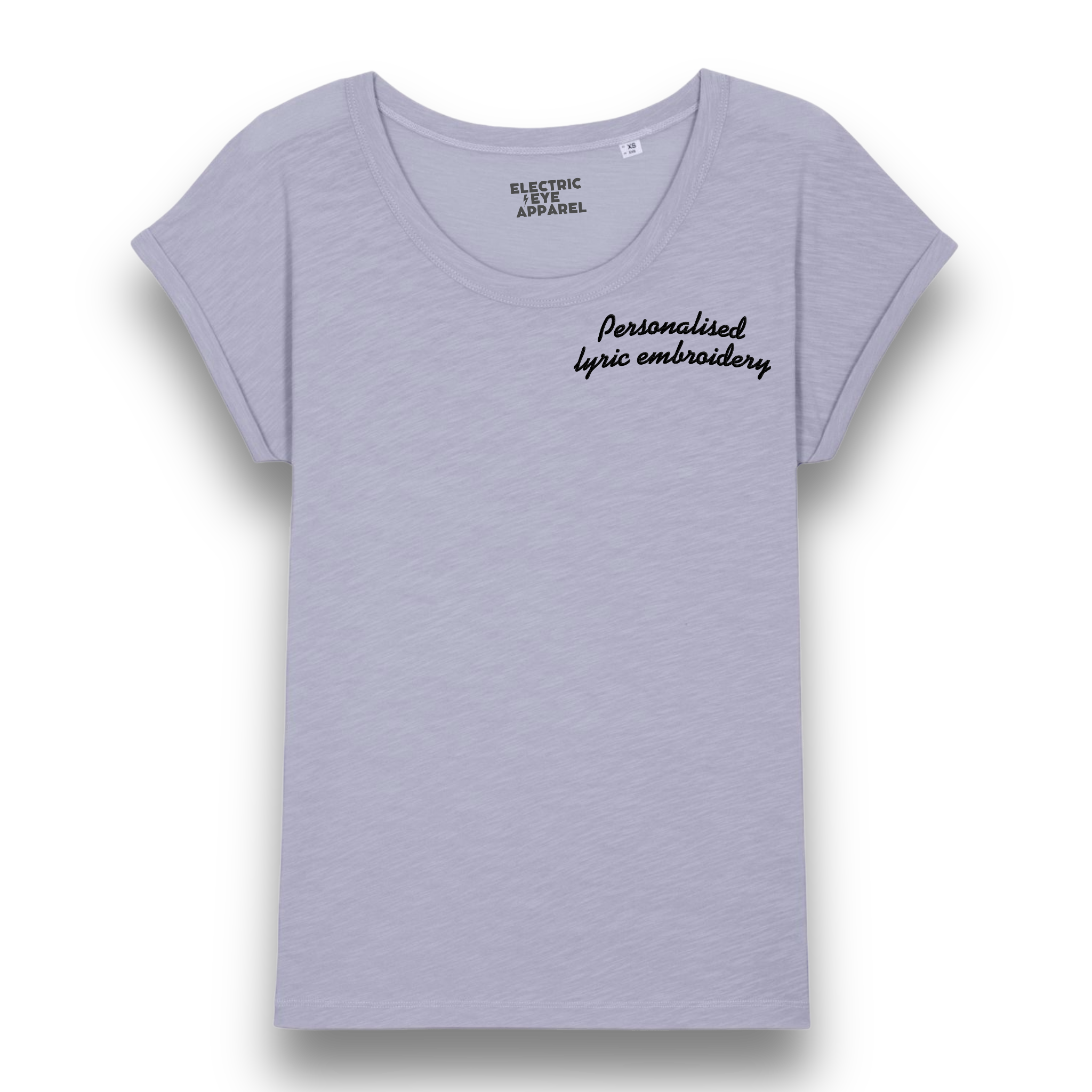 Personalised Lyric Left Chest Embroidered premium organic women's slub rolled sleeve 'Rounders' t-shirt - choose your own lyrics, font and thread colour