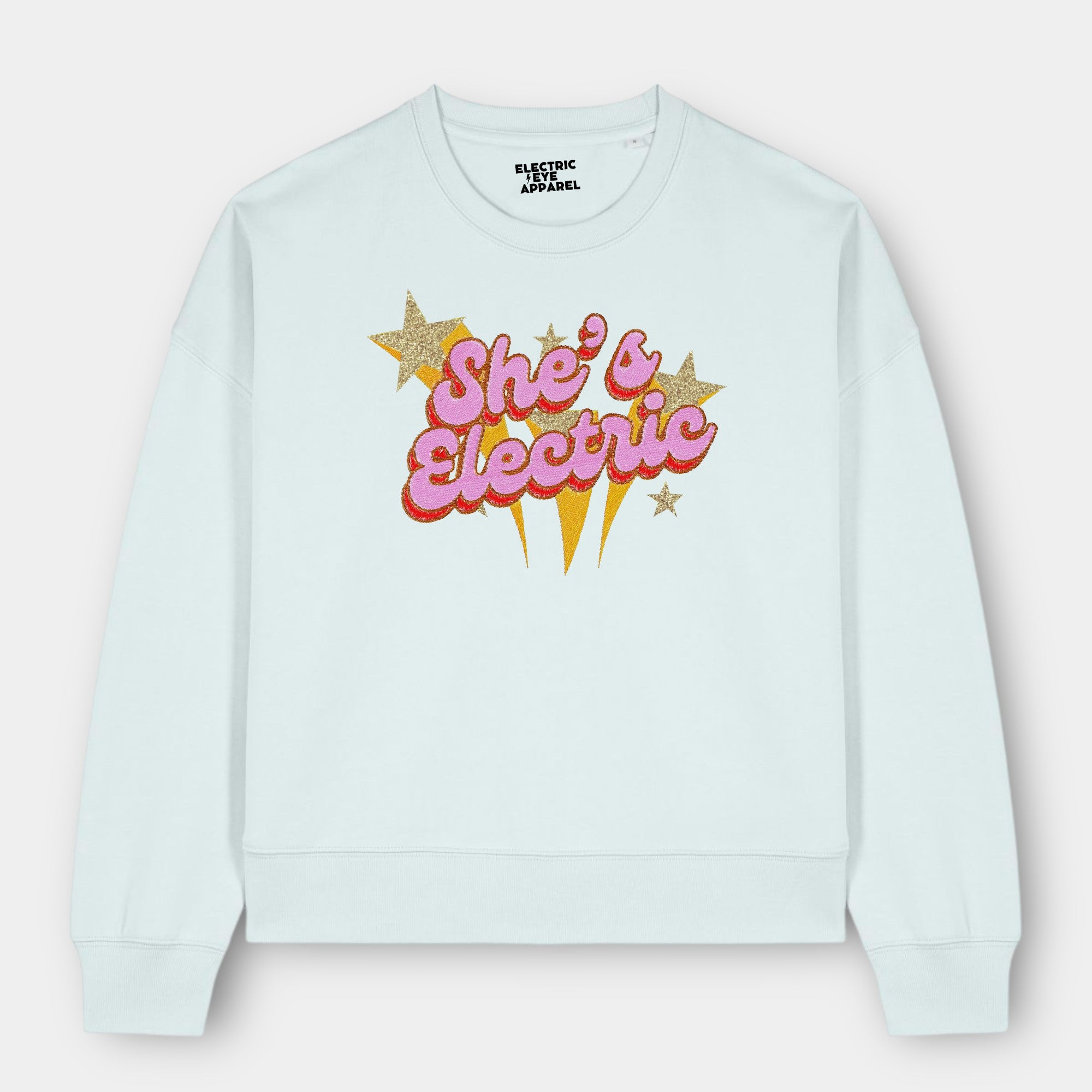 Gold Label 'SHE'S ELECTRIC' 1970s glam glitter star embroidered organic women's dropped shoulder 'alma' sweatshirt - inspired by Oasis