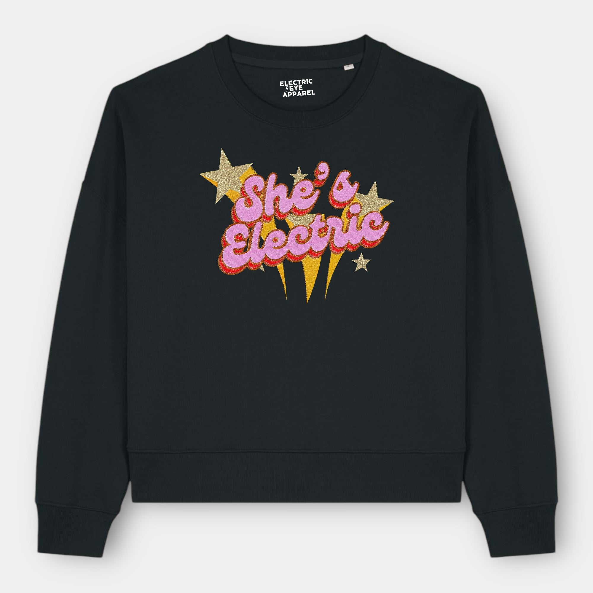 Gold Label 'SHE'S ELECTRIC' 1970s glam glitter star embroidered organic women's dropped shoulder 'alma' sweatshirt - inspired by Oasis