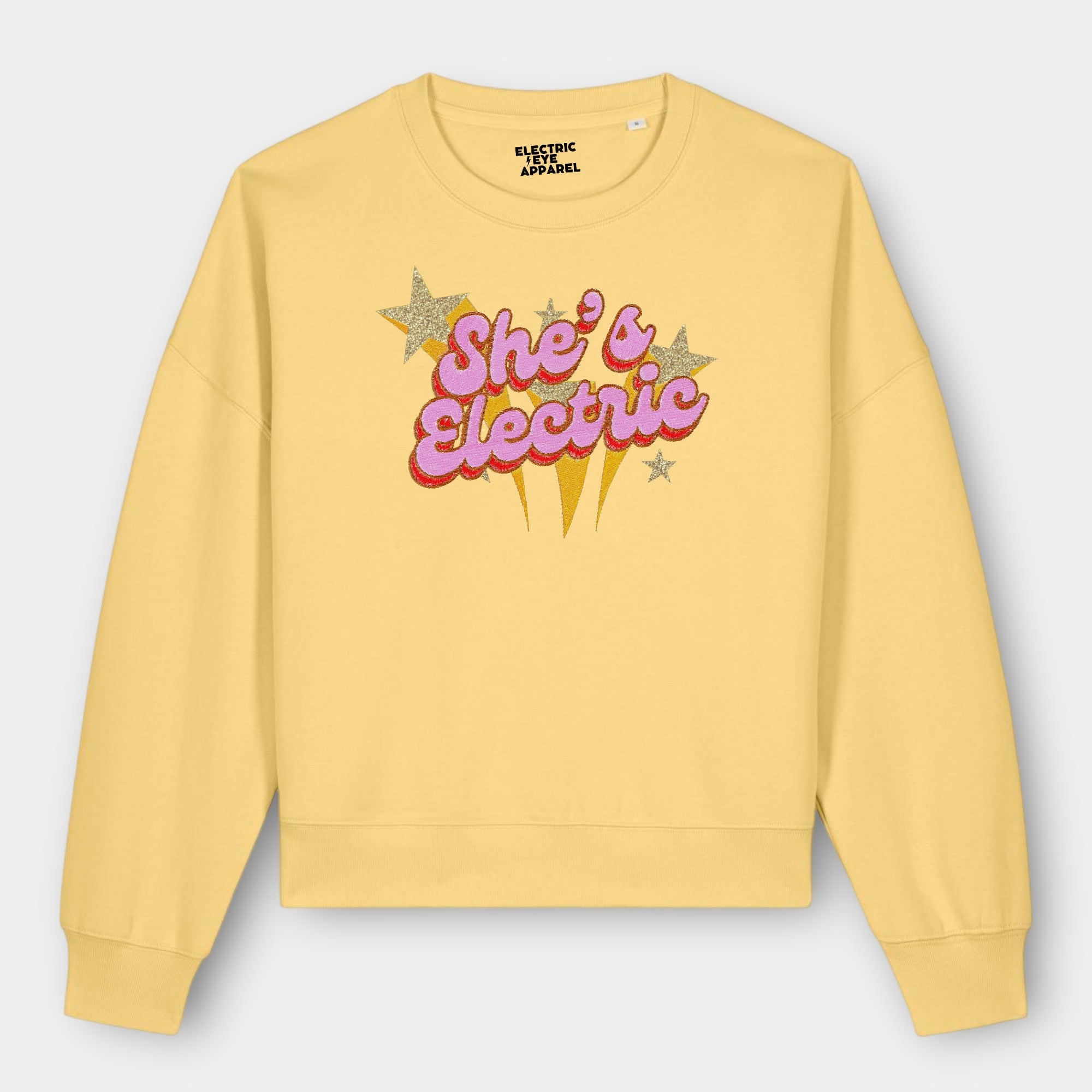 Gold Label 'SHE'S ELECTRIC' 1970s glam glitter star embroidered organic women's dropped shoulder 'alma' sweatshirt - inspired by Oasis