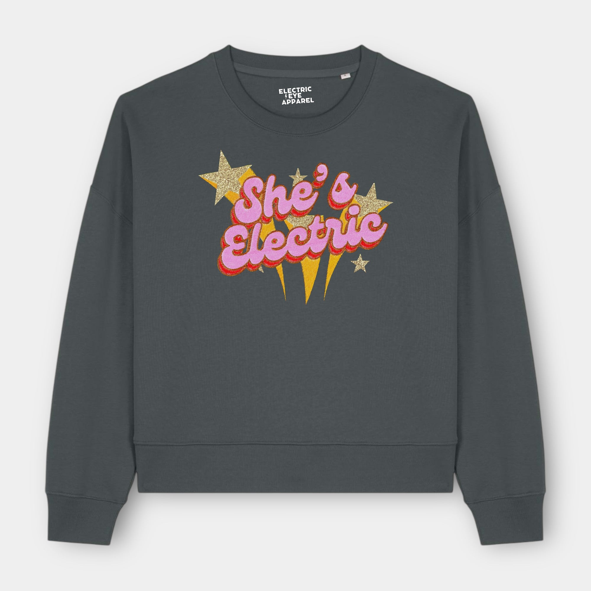 Gold Label 'SHE'S ELECTRIC' 1970s glam glitter star embroidered organic women's dropped shoulder 'alma' sweatshirt - inspired by Oasis