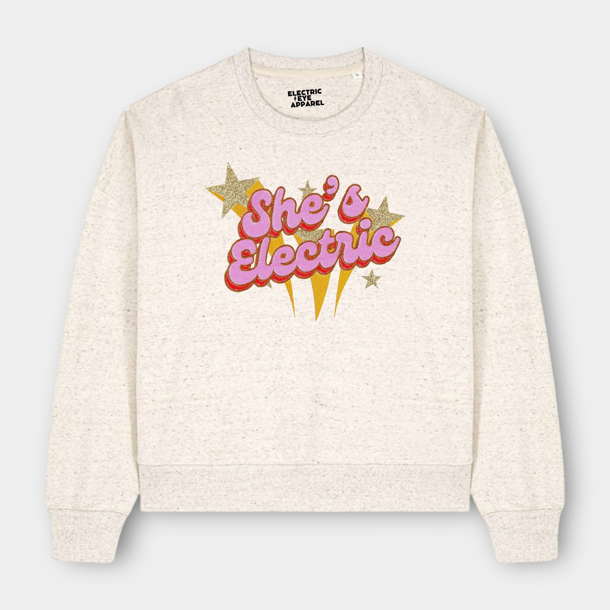 Gold Label 'SHE'S ELECTRIC' 1970s glam glitter star embroidered organic women's dropped shoulder 'alma' sweatshirt - inspired by Oasis