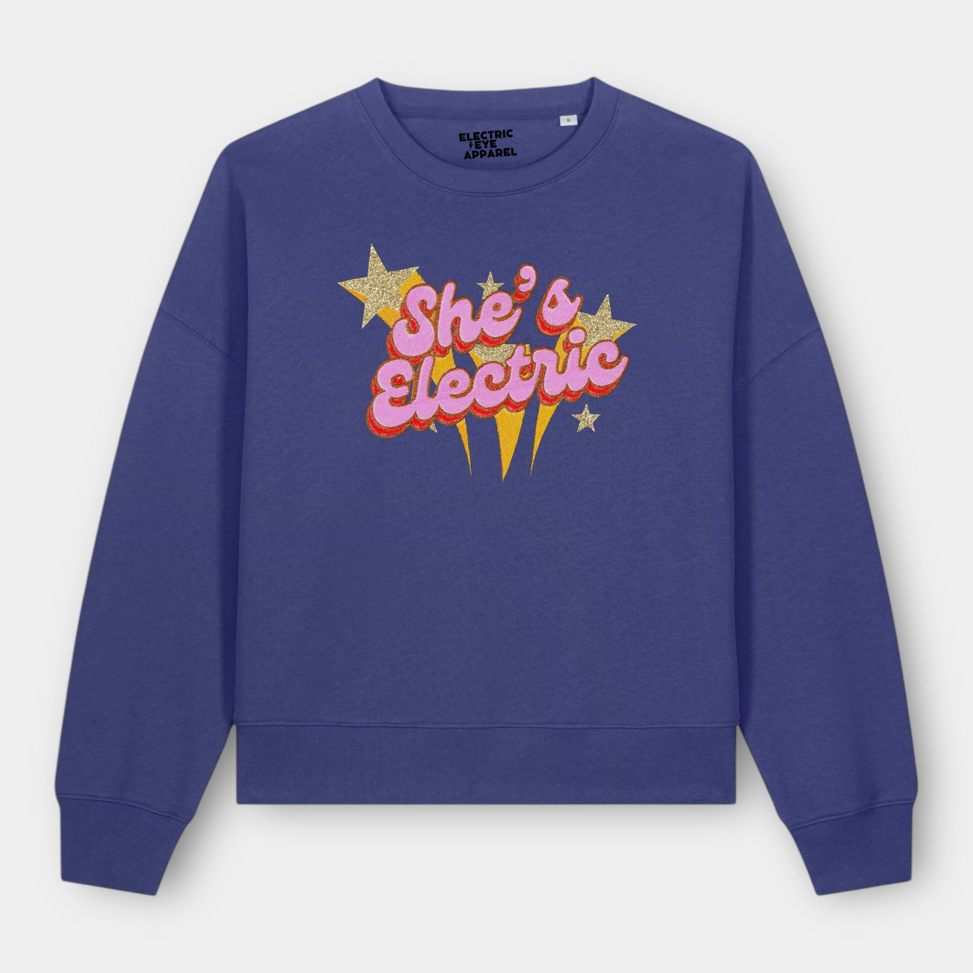 Gold Label 'SHE'S ELECTRIC' 1970s glam glitter star embroidered organic women's dropped shoulder 'alma' sweatshirt - inspired by Oasis