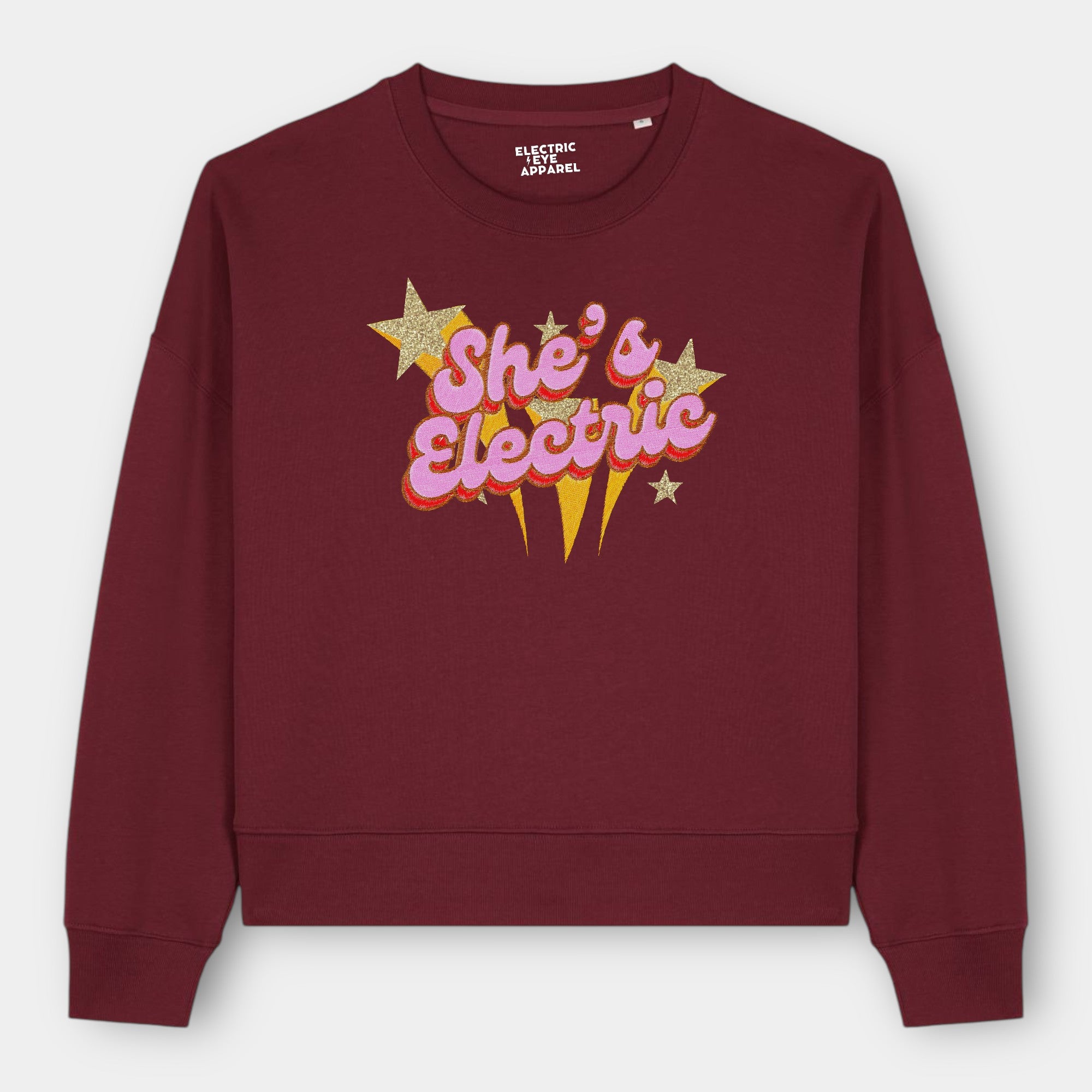 Gold Label 'SHE'S ELECTRIC' 1970s glam glitter star embroidered organic women's dropped shoulder 'alma' sweatshirt - inspired by Oasis