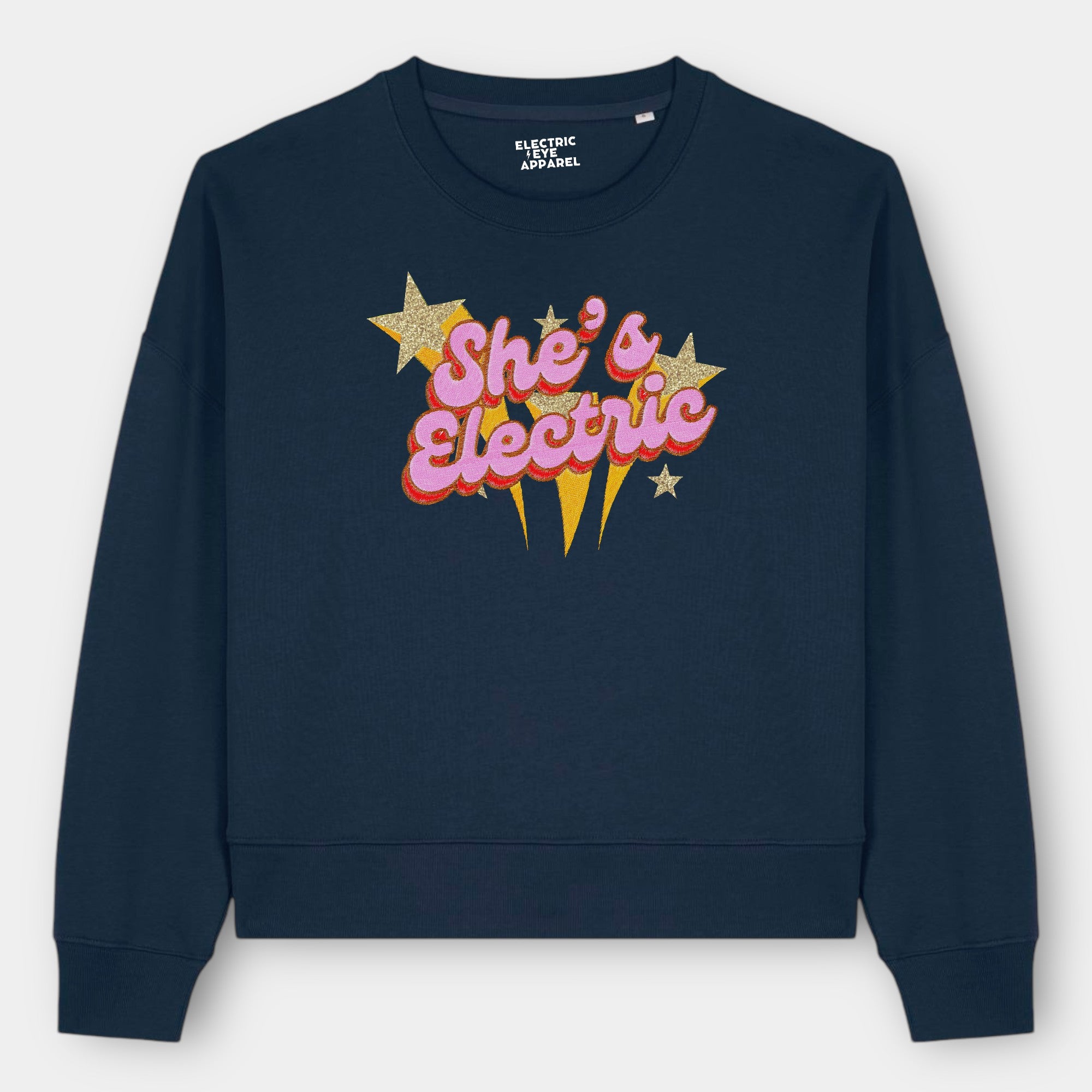 Gold Label 'SHE'S ELECTRIC' 1970s glam glitter star embroidered organic women's dropped shoulder 'alma' sweatshirt - inspired by Oasis