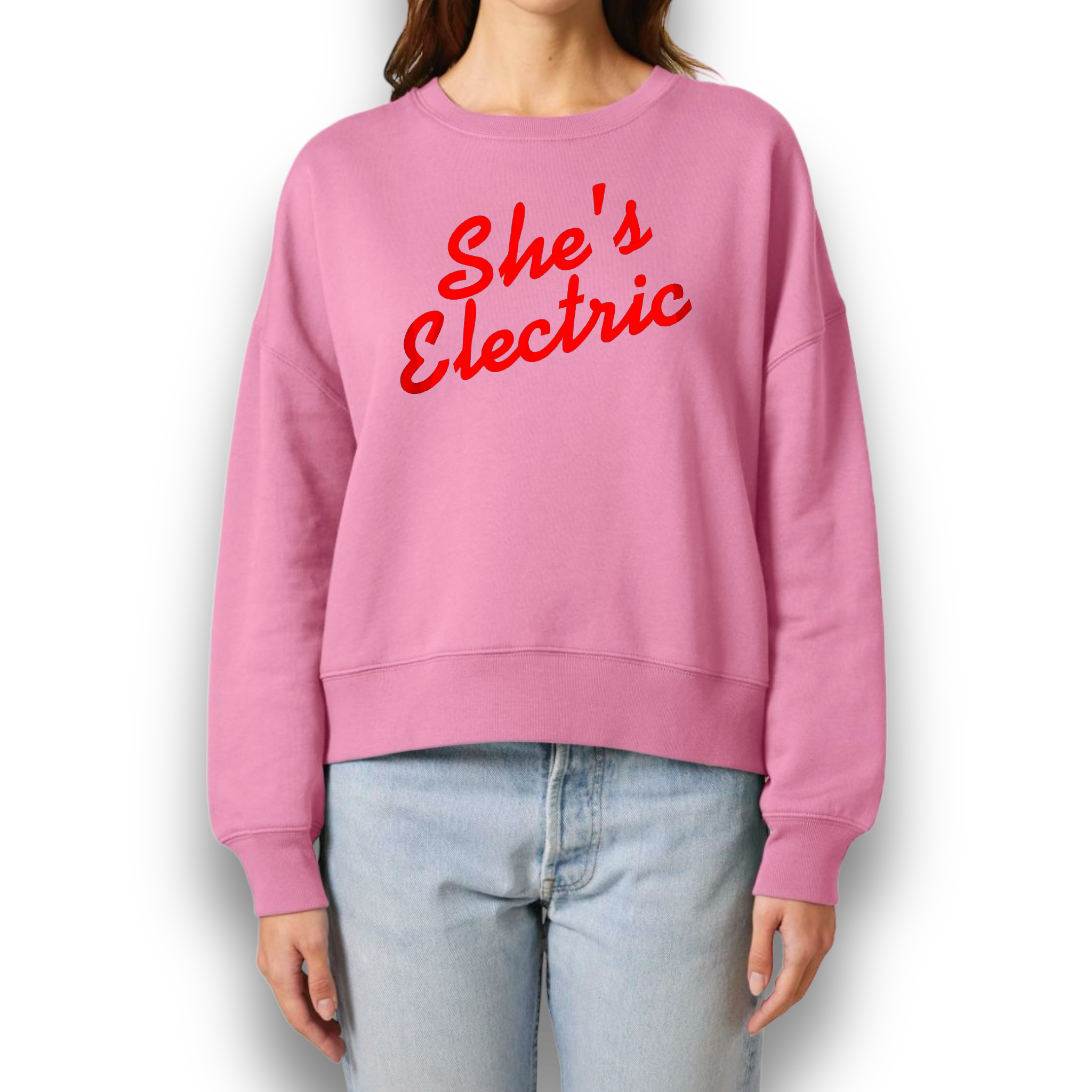 'SHE'S ELECTRIC' embroidered organic women's 90s dropped shoulder 'alma' sweatshirt - inspired by Oasis