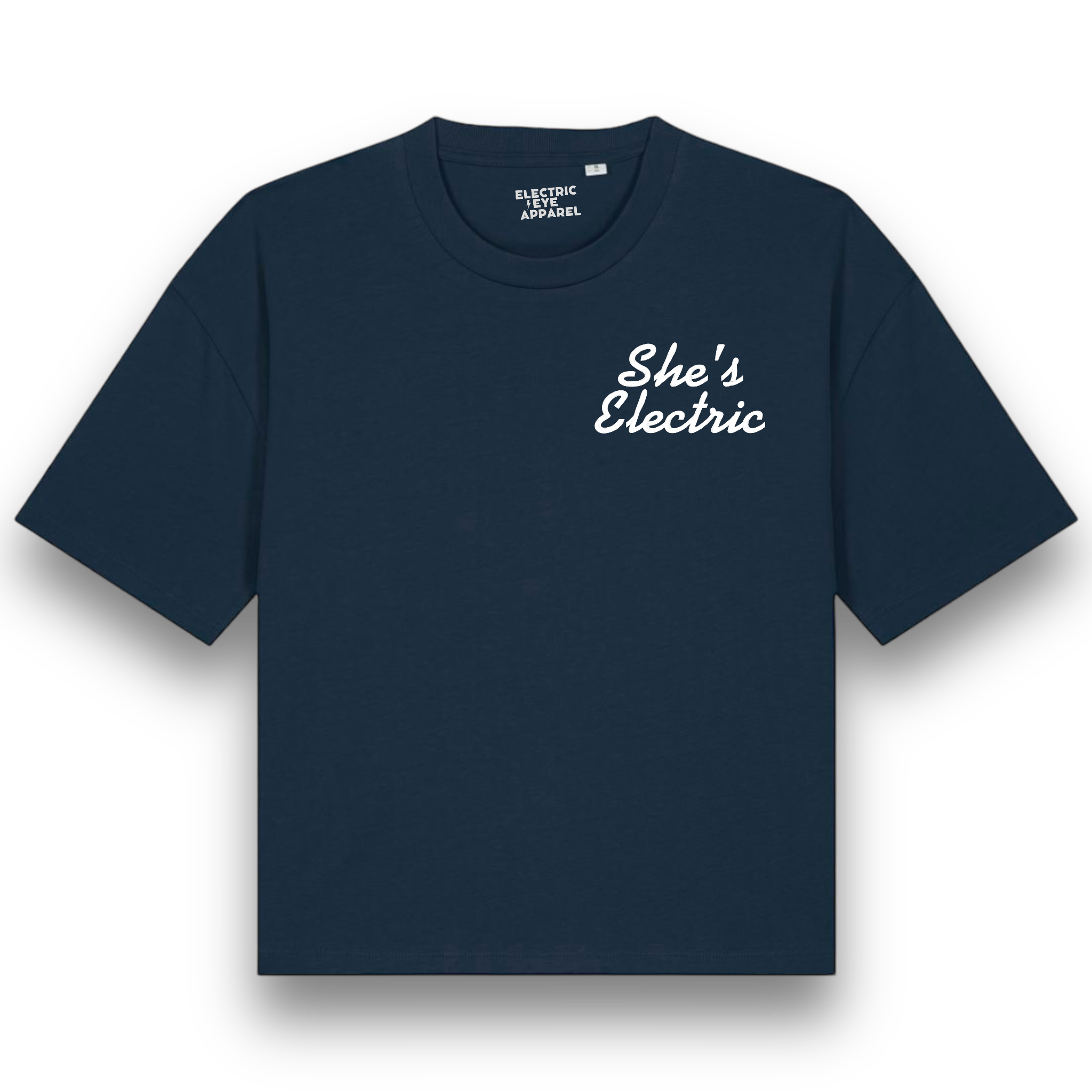 'SHE'S ELECTRIC' left chest embroidered premium organic women's boxy 'nova' t-shirt - inspired by Oasis