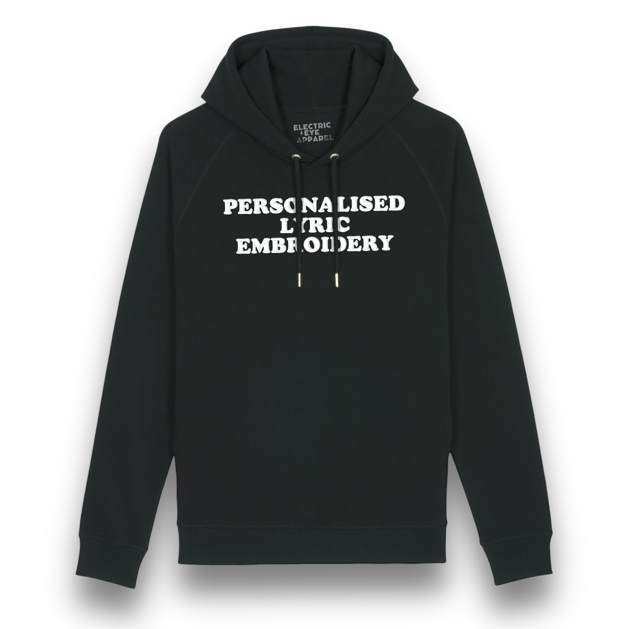 Personalised Lyric Centre Chest Embroidered premium organic unisex side pocket 'Sider' hoodie - choose your own lyrics, font and thread colour