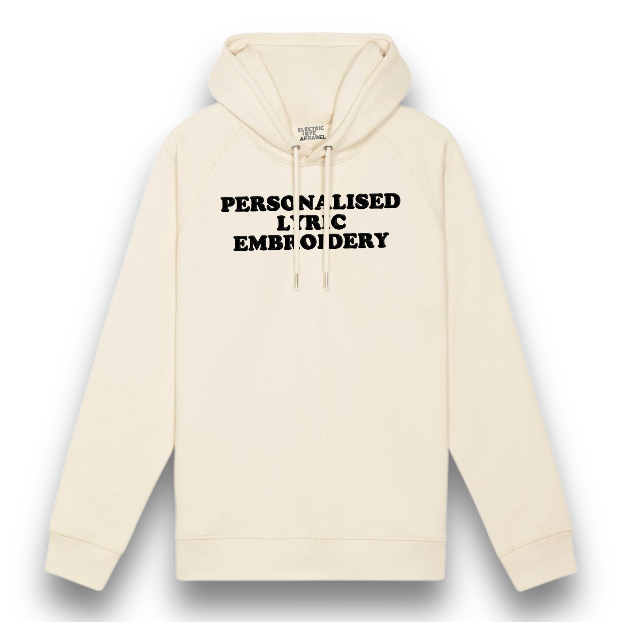 Personalised Lyric Centre Chest Embroidered premium organic unisex side pocket 'Sider' hoodie - choose your own lyrics, font and thread colour