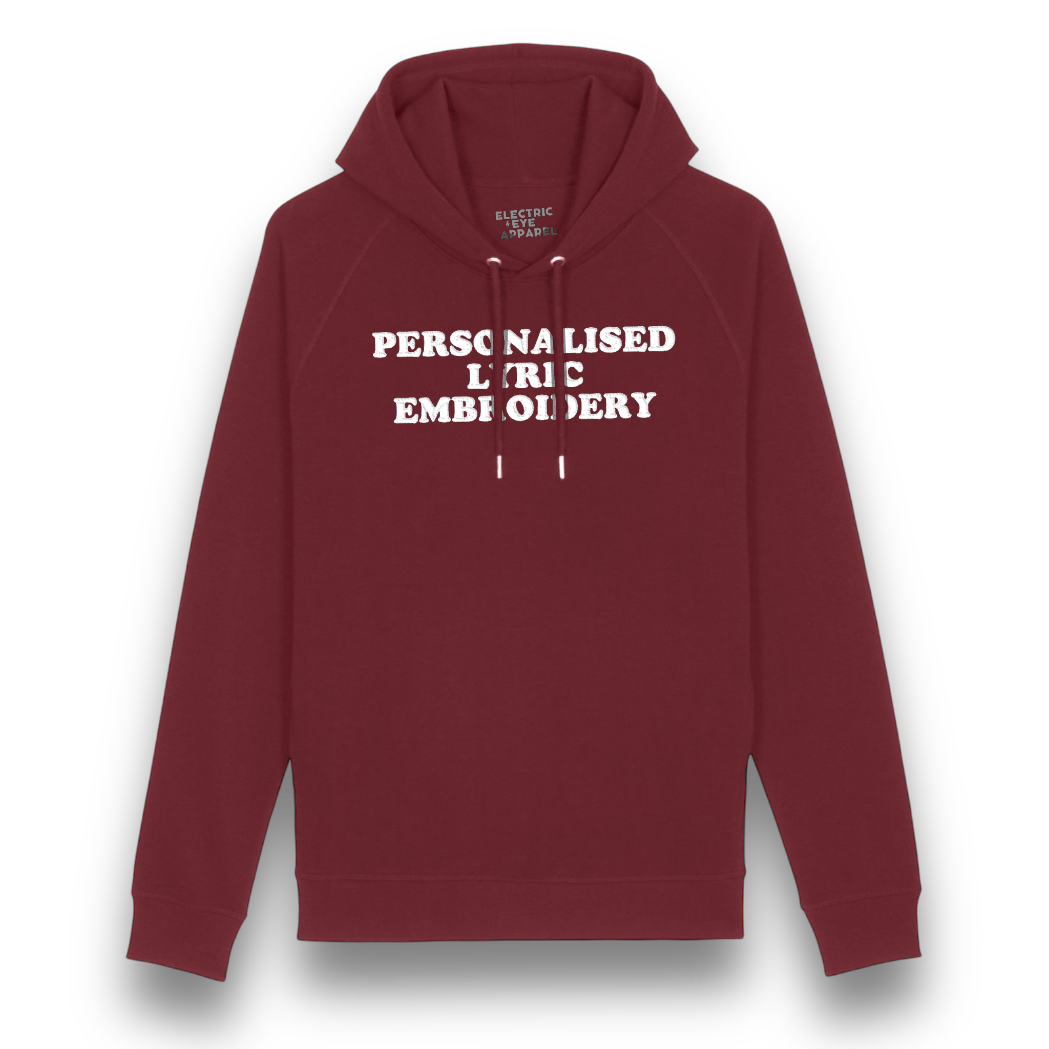 Personalised Lyric Centre Chest Embroidered premium organic unisex side pocket 'Sider' hoodie - choose your own lyrics, font and thread colour