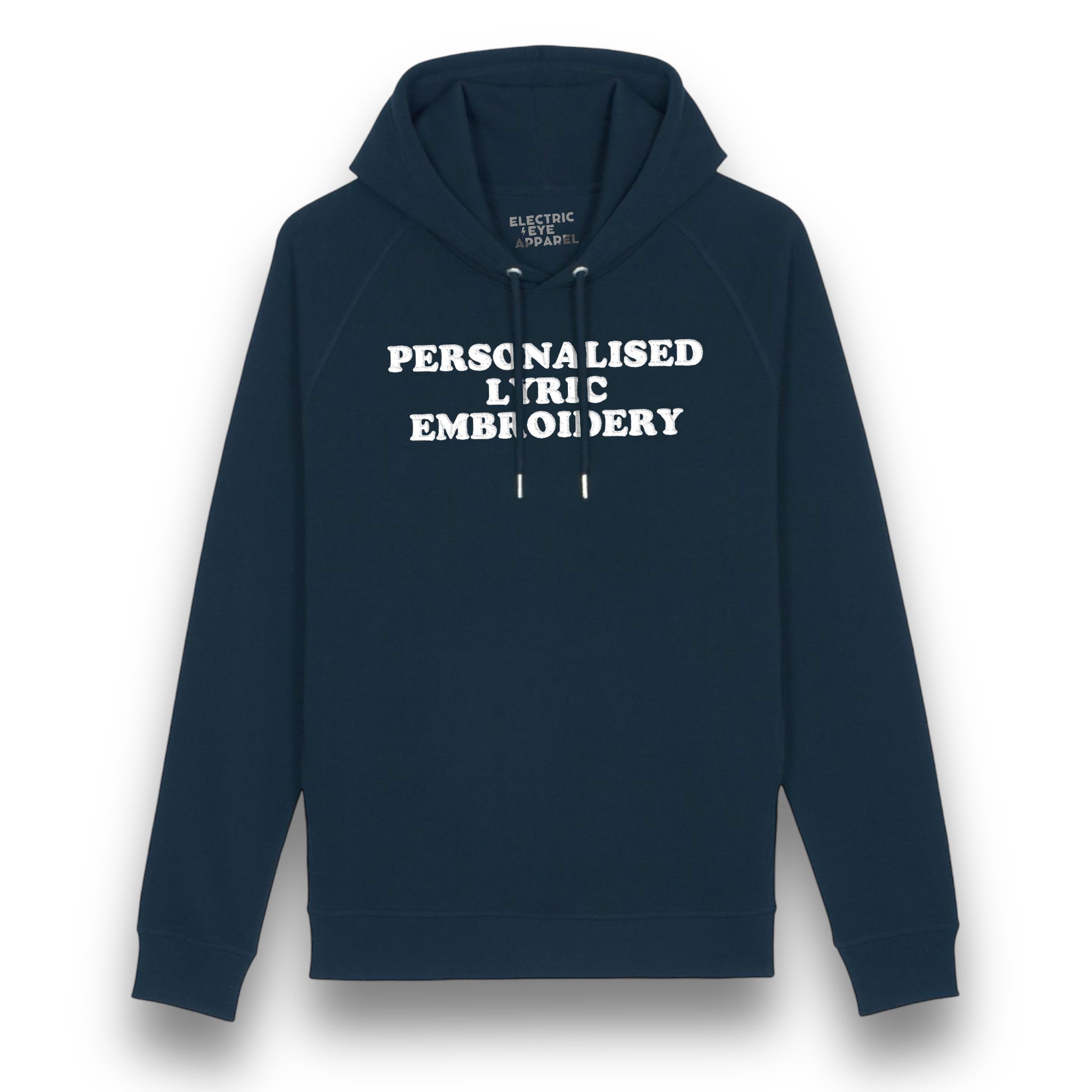 Personalised Lyric Centre Chest Embroidered premium organic unisex side pocket 'Sider' hoodie - choose your own lyrics, font and thread colour