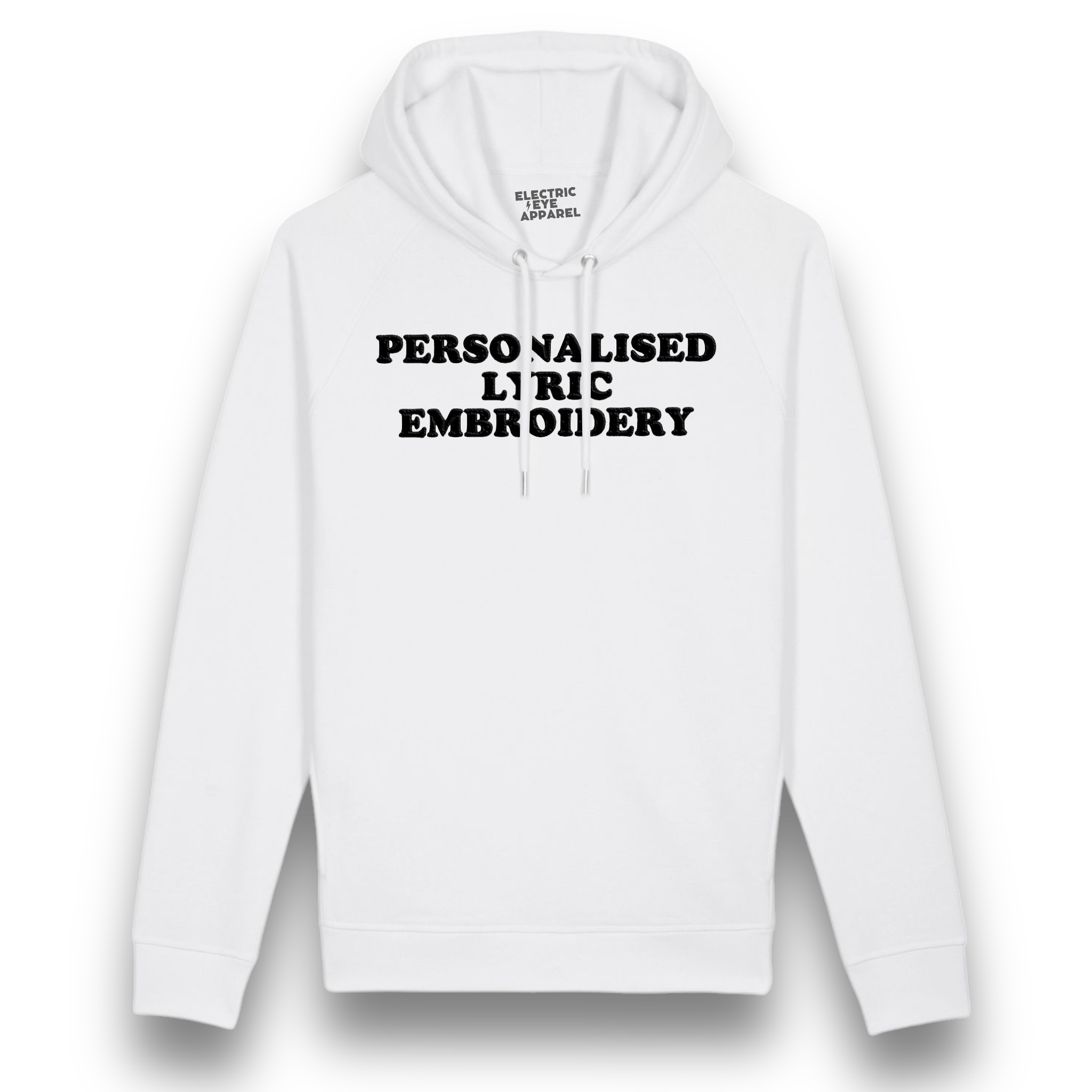 Personalised Lyric Centre Chest Embroidered premium organic unisex side pocket 'Sider' hoodie - choose your own lyrics, font and thread colour