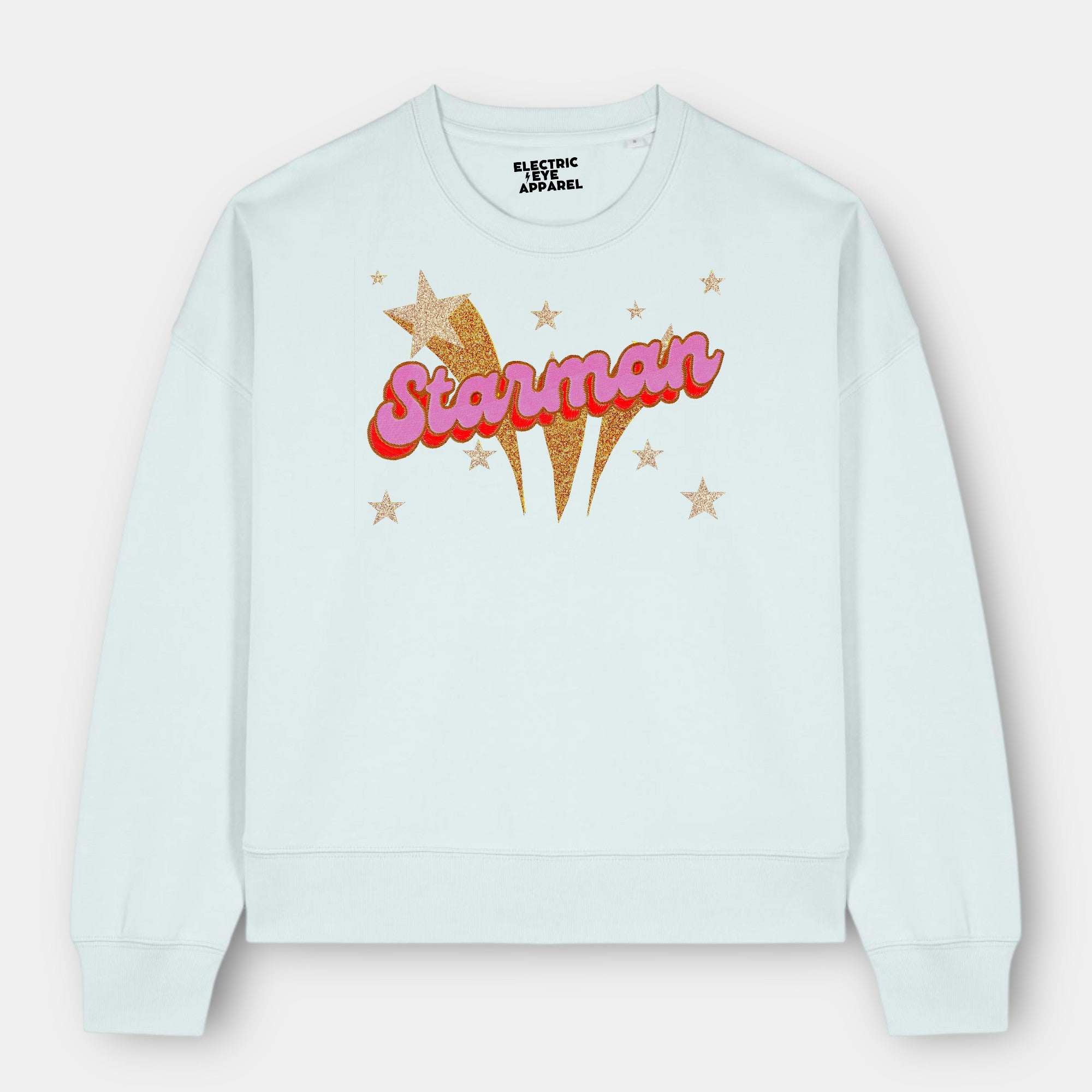 Gold Label 'STARMAN' 1970s glam glitter star embroidered organic women's dropped shoulder 'alma' sweatshirt - inspired by David Bowie