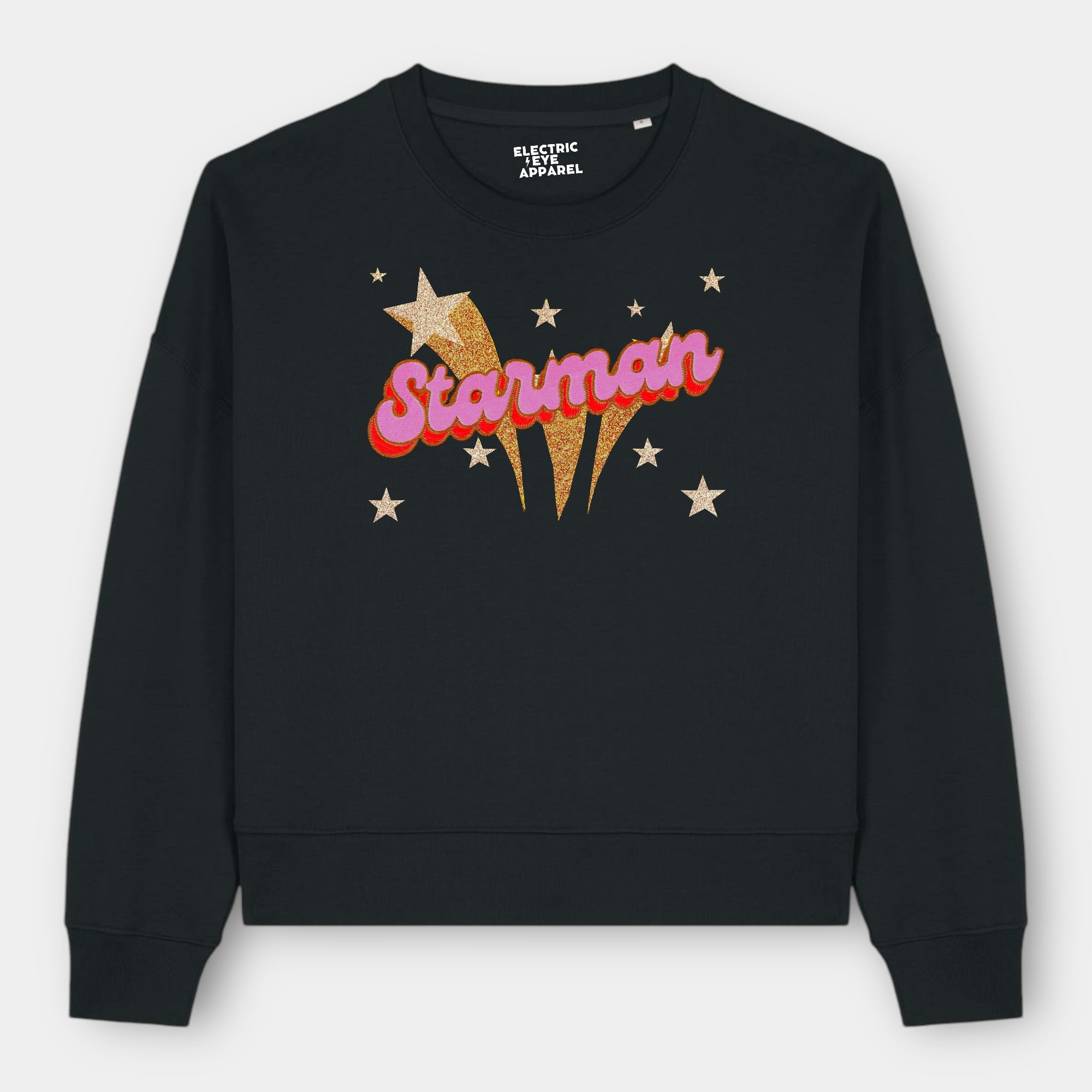 Gold Label 'STARMAN' 1970s glam glitter star embroidered organic women's dropped shoulder 'alma' sweatshirt - inspired by David Bowie