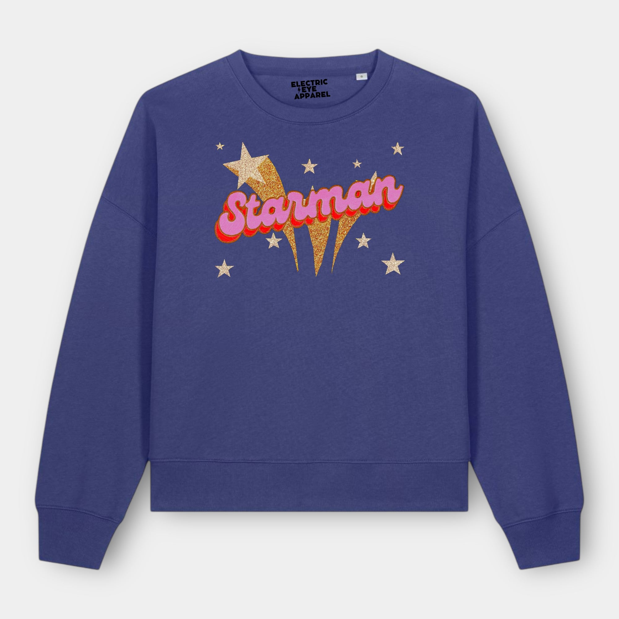 Gold Label 'STARMAN' 1970s glam glitter star embroidered organic women's dropped shoulder 'alma' sweatshirt - inspired by David Bowie