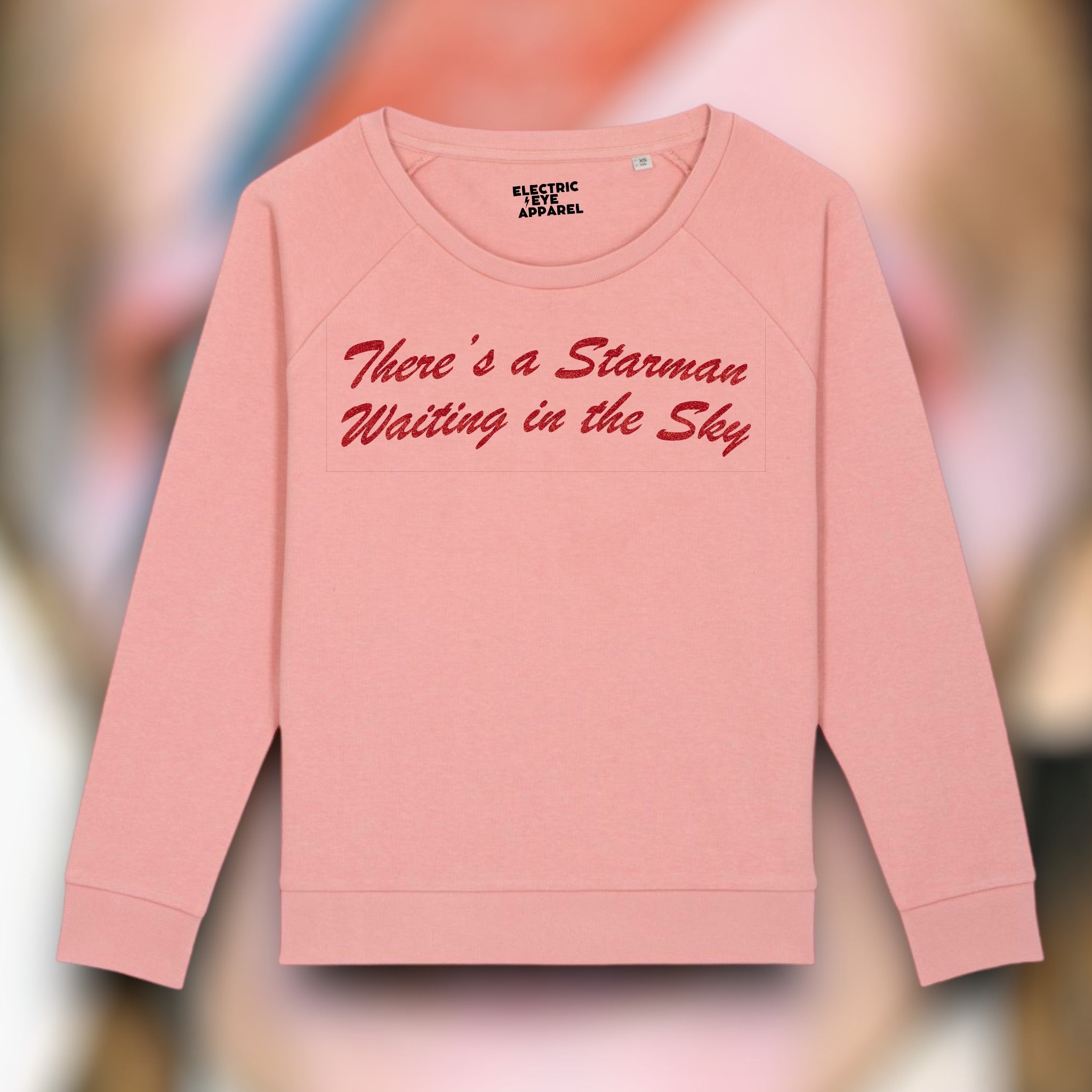 'THERE'S A STARMAN WAITING IN THE SKY' glitter embroidered organic relaxed fit women's raglan 'dazzler' sweatshirt - inspired by David Bowie