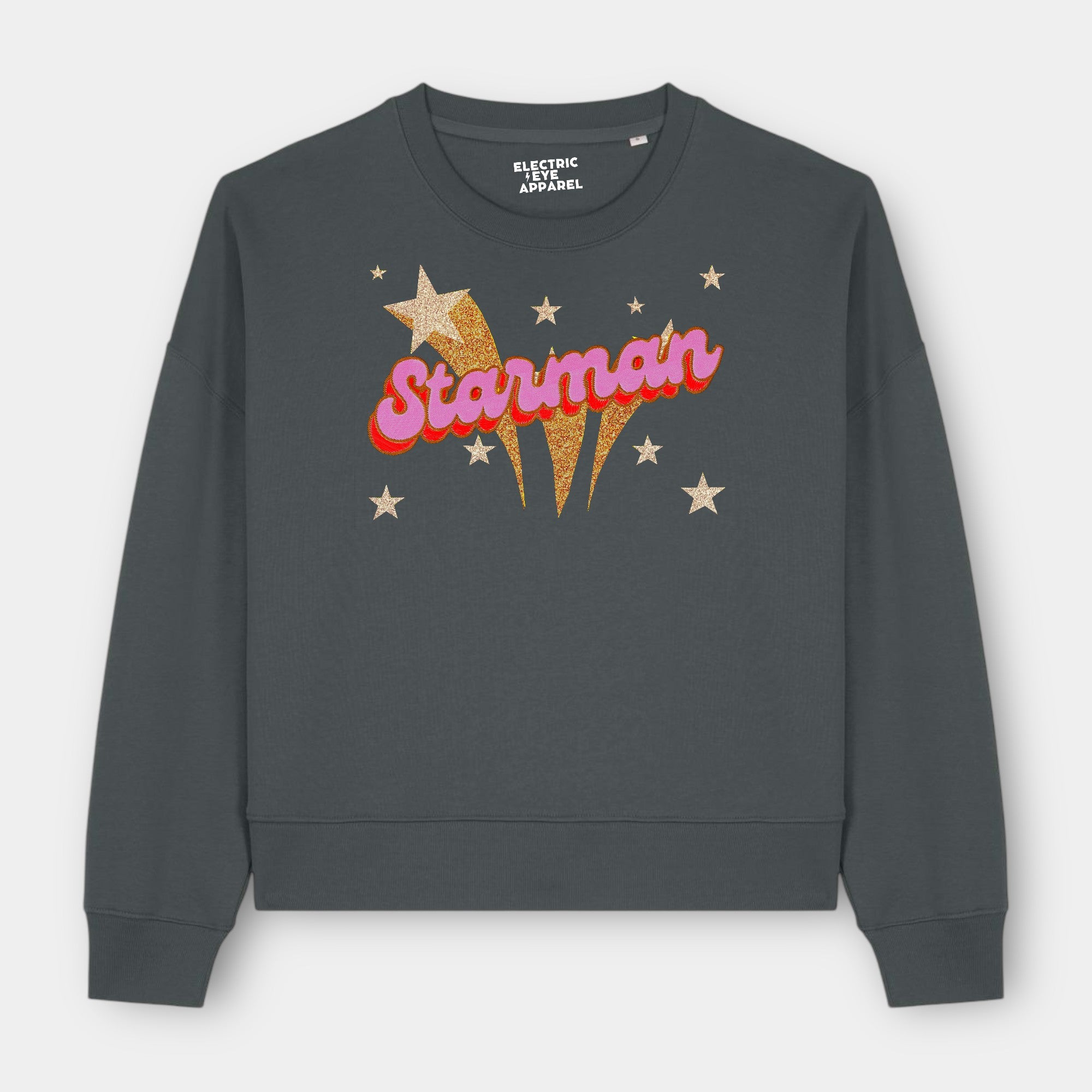 Gold Label 'STARMAN' 1970s glam glitter star embroidered organic women's dropped shoulder 'alma' sweatshirt - inspired by David Bowie