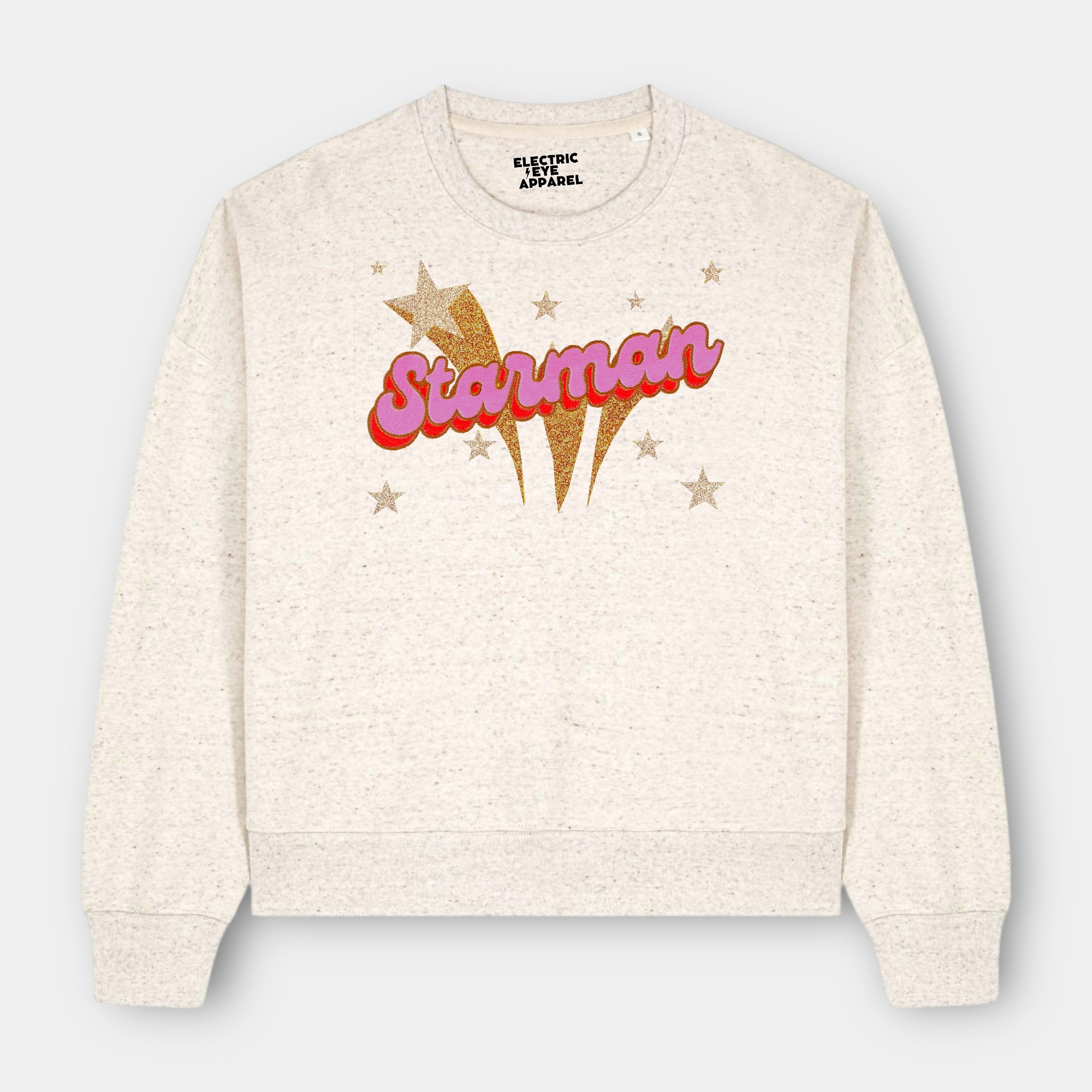 Gold Label 'STARMAN' 1970s glam glitter star embroidered organic women's dropped shoulder 'alma' sweatshirt - inspired by David Bowie