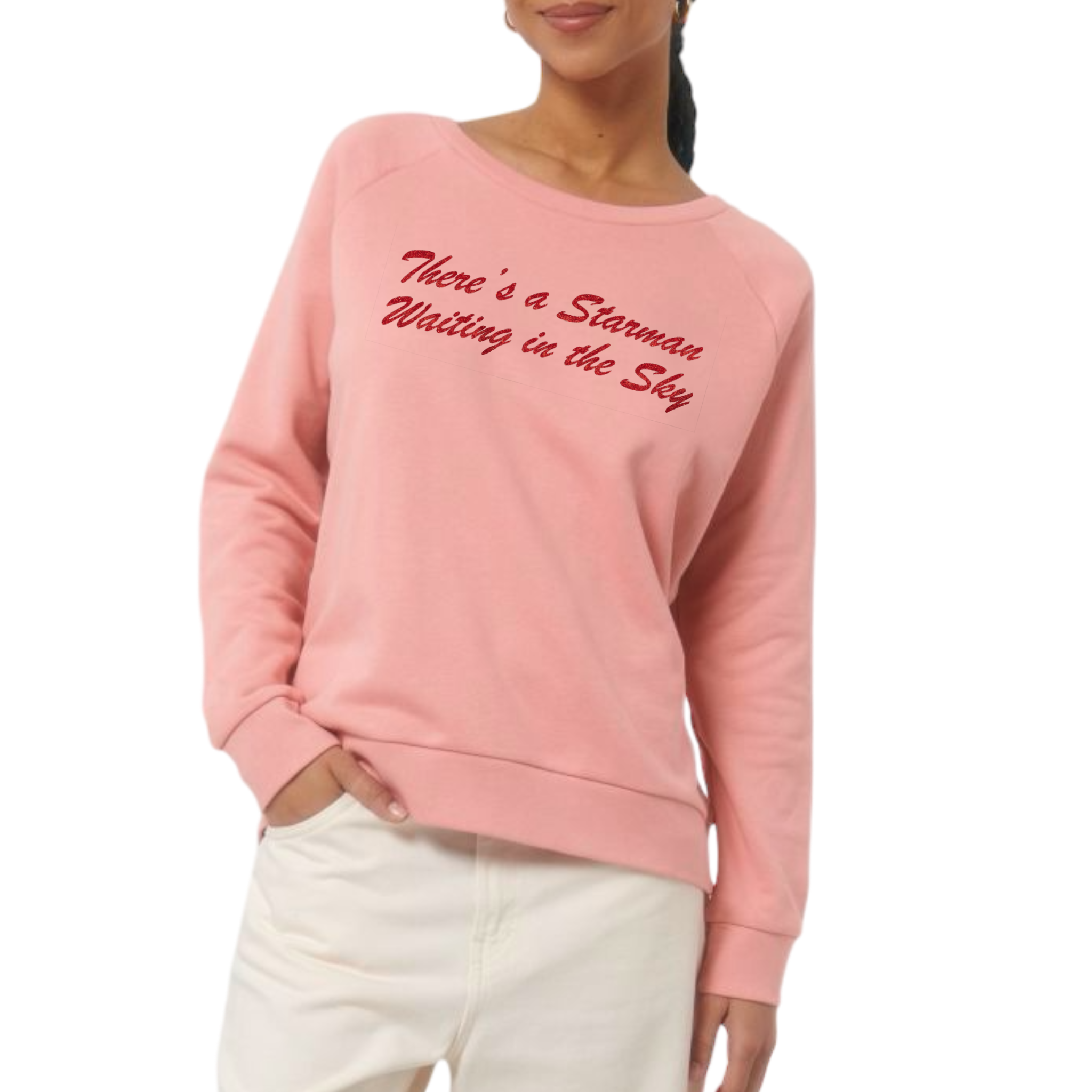 'THERE'S A STARMAN WAITING IN THE SKY' glitter embroidered organic relaxed fit women's raglan 'dazzler' sweatshirt - inspired by David Bowie