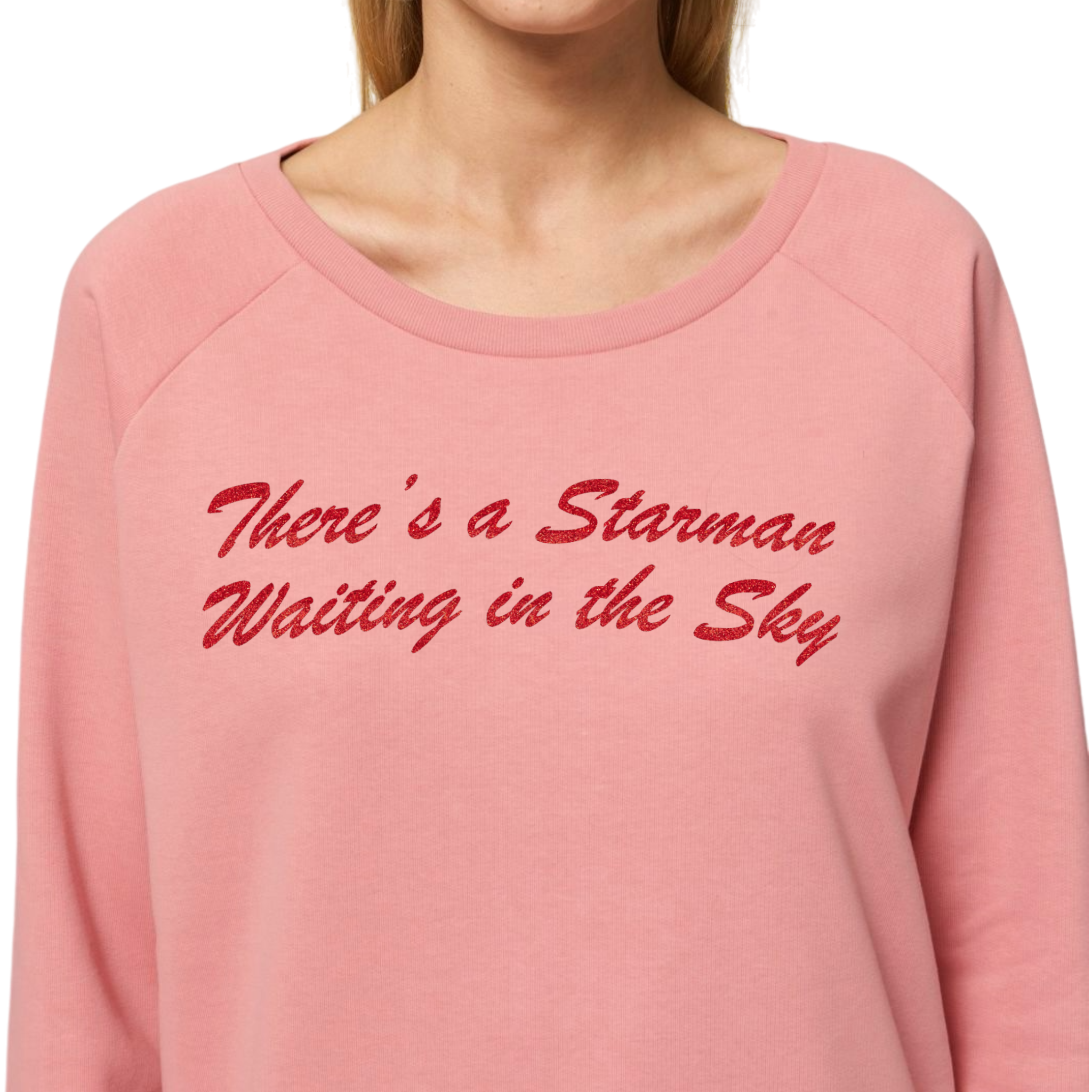 'THERE'S A STARMAN WAITING IN THE SKY' glitter embroidered organic relaxed fit women's raglan 'dazzler' sweatshirt - inspired by David Bowie