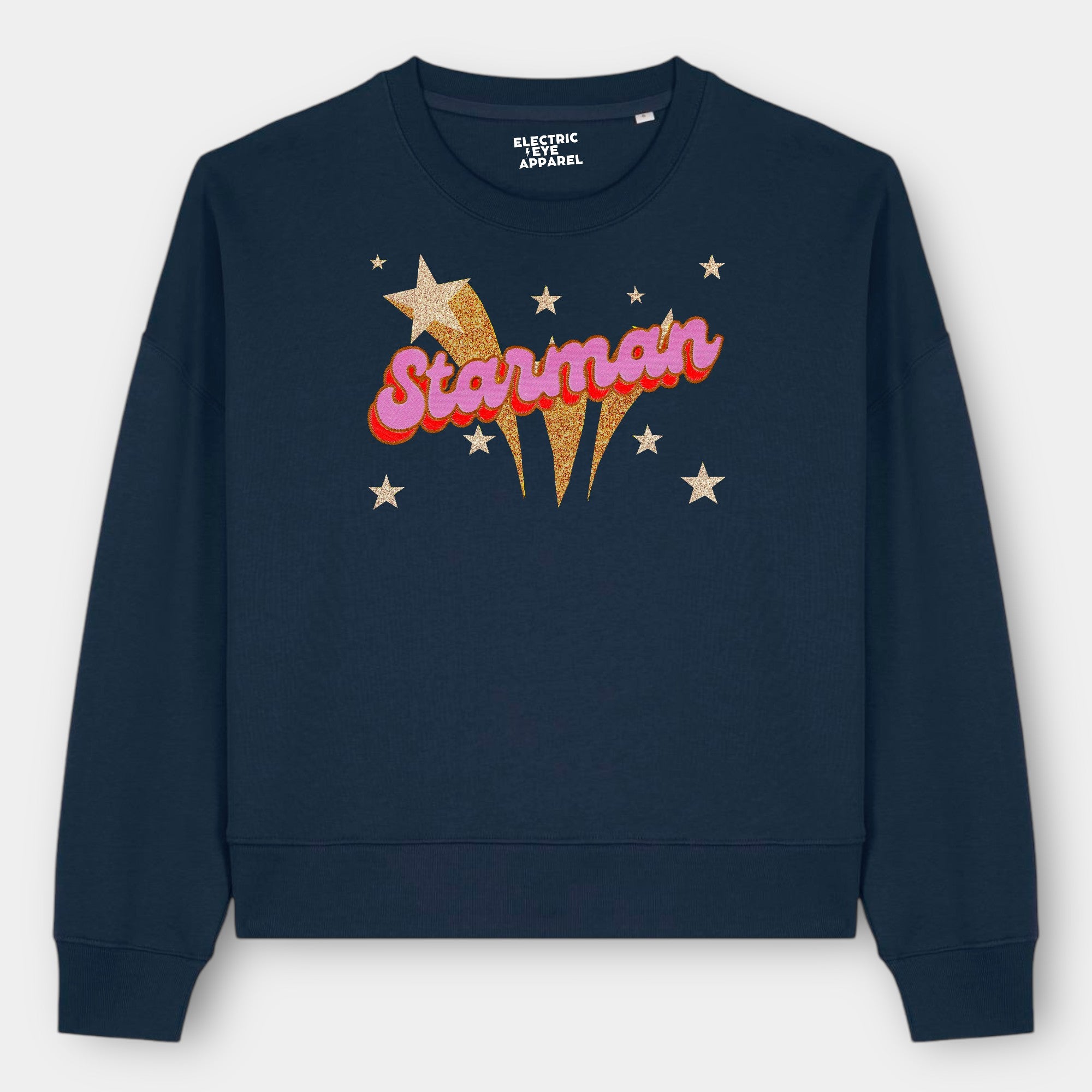 Gold Label 'STARMAN' 1970s glam glitter star embroidered organic women's dropped shoulder 'alma' sweatshirt - inspired by David Bowie