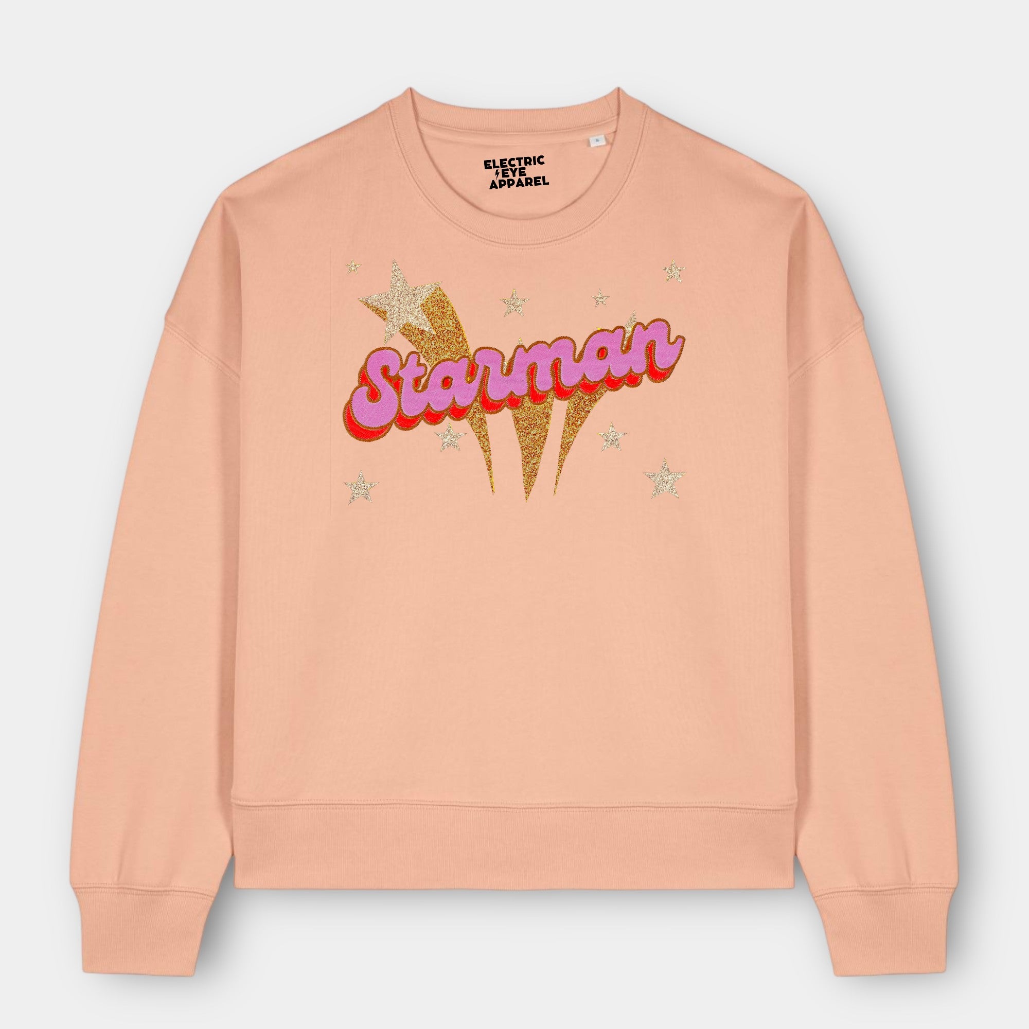 Gold Label 'STARMAN' 1970s glam glitter star embroidered organic women's dropped shoulder 'alma' sweatshirt - inspired by David Bowie