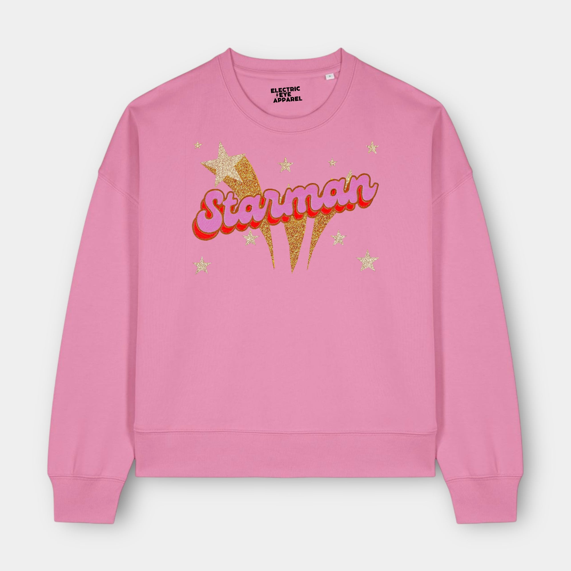 Gold Label 'STARMAN' 1970s glam glitter star embroidered organic women's dropped shoulder 'alma' sweatshirt - inspired by David Bowie