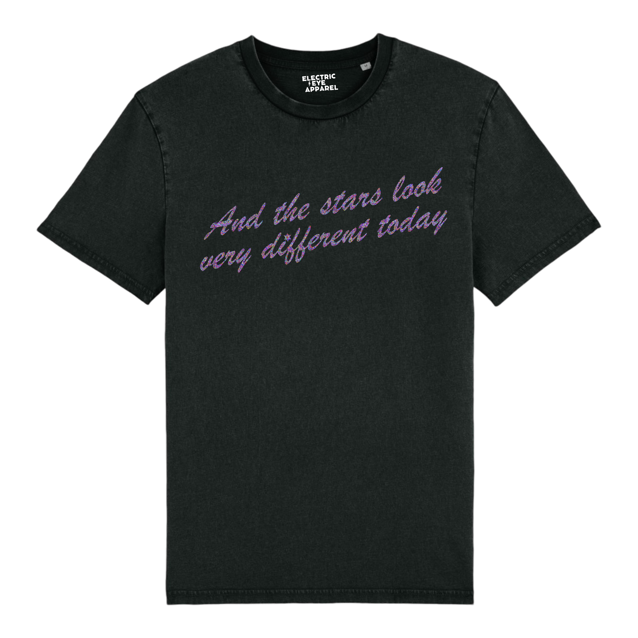 'AND THE STARS LOOK VERY DIFFERENT TODAY' glitter embroidered premium organic unisex vintage aged t-shirt - inspired by David Bowie