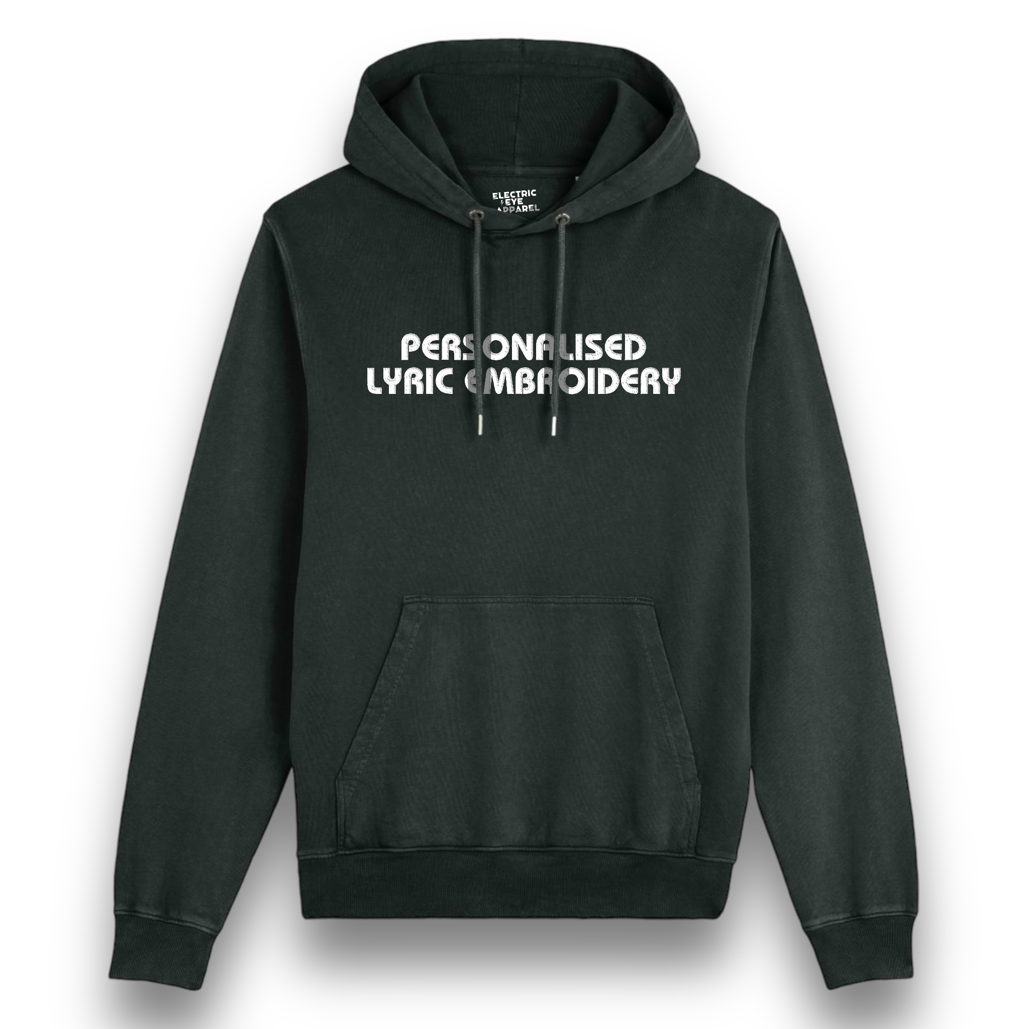 Personalised Lyric Centre Chest Embroidered premium organic unisex vintage aged 'Archer' hoodie - choose your own lyrics, font and thread colour