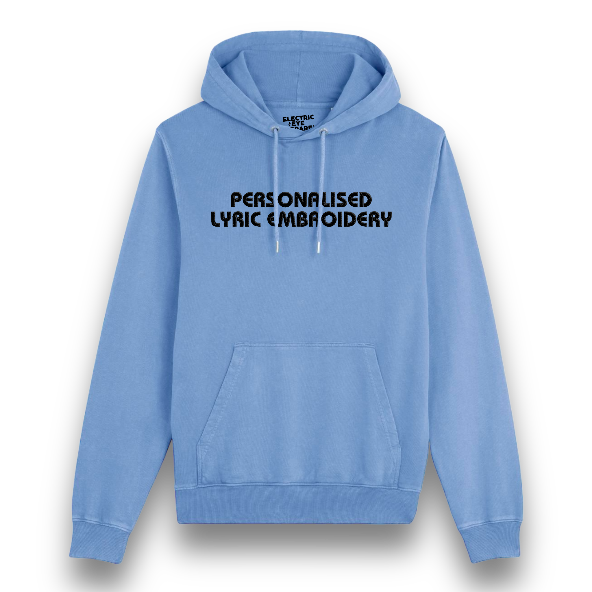 Personalised Lyric Centre Chest Embroidered premium organic unisex vintage aged 'Archer' hoodie - choose your own lyrics, font and thread colour