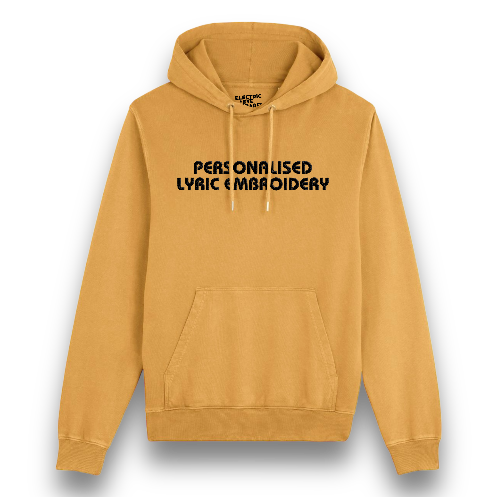 Personalised Lyric Centre Chest Embroidered premium organic unisex vintage aged 'Archer' hoodie - choose your own lyrics, font and thread colour