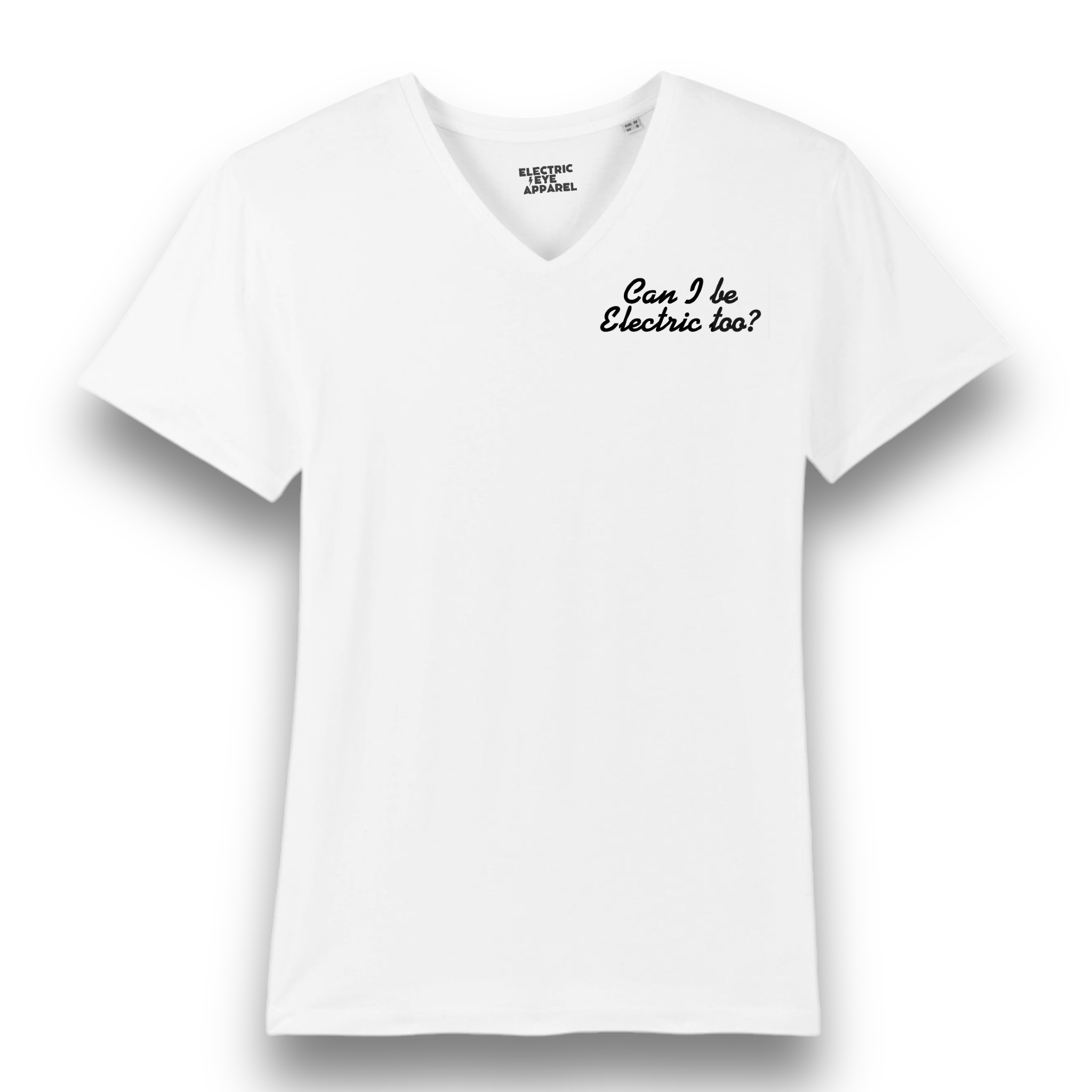 'CAN I BE ELECTRIC TOO?' left chest embroidered premium organic men's medium fit v-neck 'presenter' t-shirt - inspired by Oasis